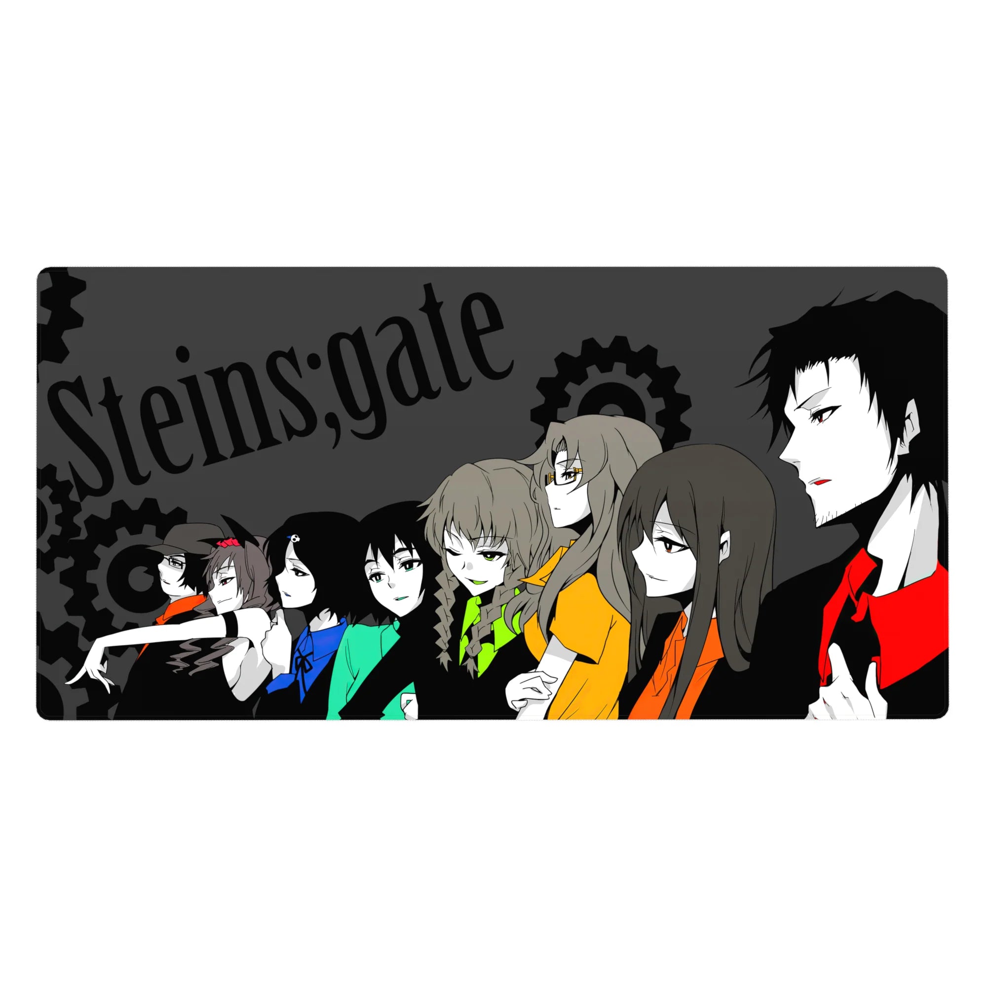 Steins;Gate anime desk pad 40x20 inches with side-profile crew, gears backdrop, charcoal and silhouettes.