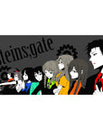 Steins;Gate anime desk pad 40x20 inches with side-profile crew, gears backdrop, charcoal and silhouettes.