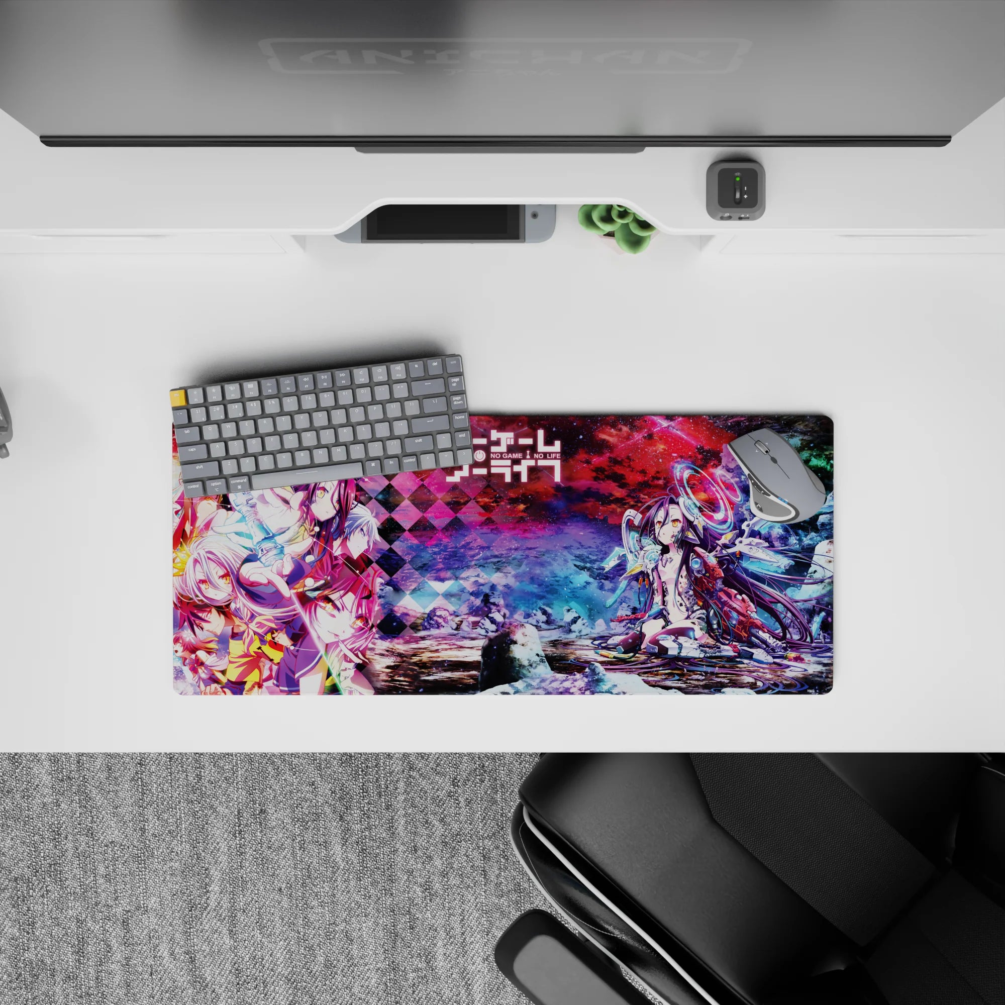 Neon magenta and icy blue holographic vibe anime mouse pad 28x12 inches for gaming desk setup.