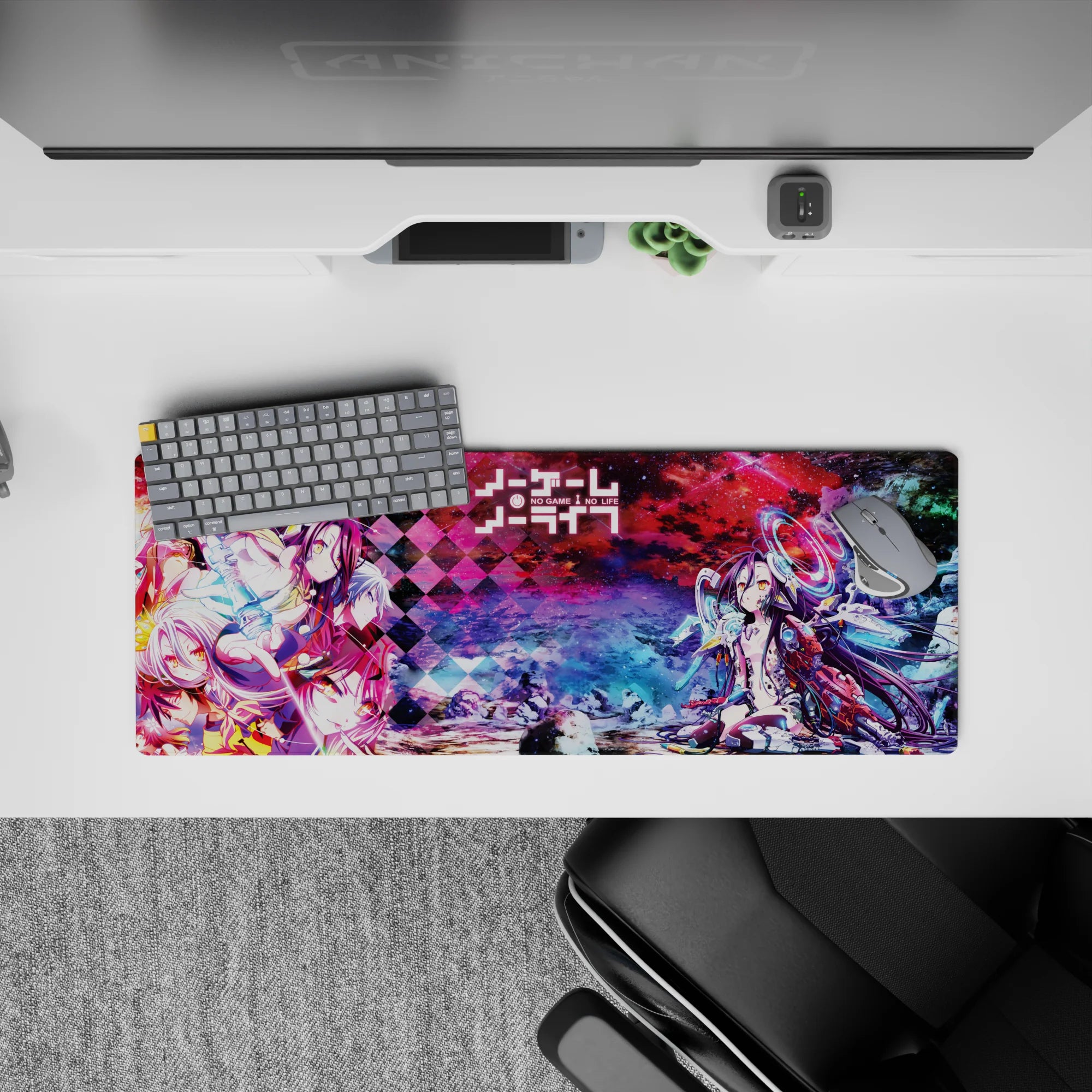Neon magenta and icy blue anime mouse pad 32x12 inches with sharp diamonds and glowing tech vibe.
