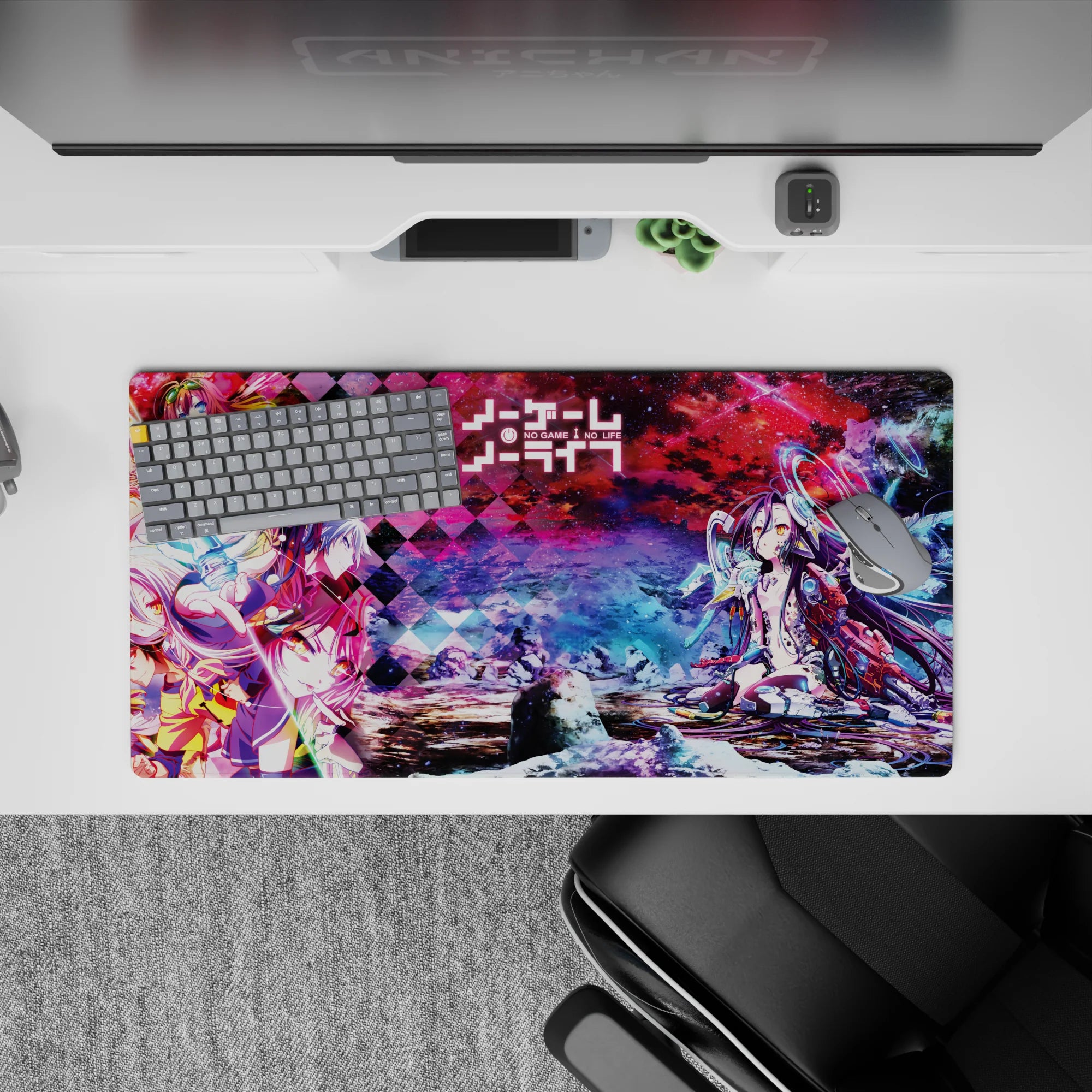 32x16 inches anime mouse pad in neon magenta clouds and icy blues, vivid holographic vibe for gaming desks.