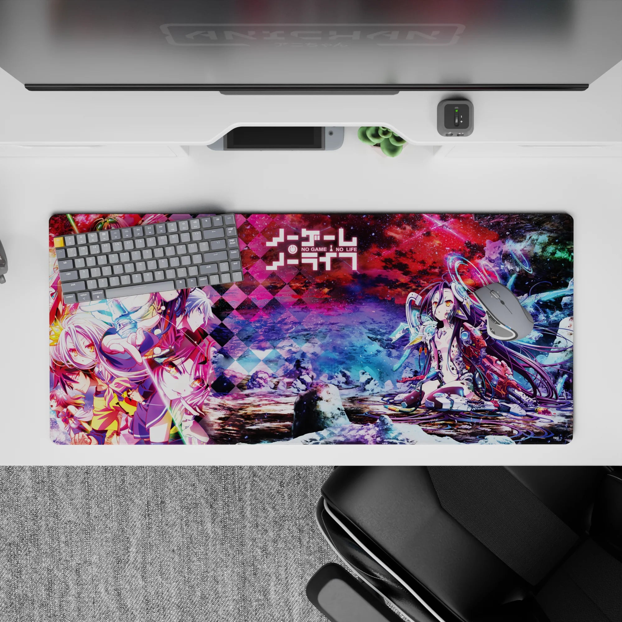 Anime desk pad 36x16 inches in magenta clouds and icy blues, loud neon vibe with crisp glowing accents.