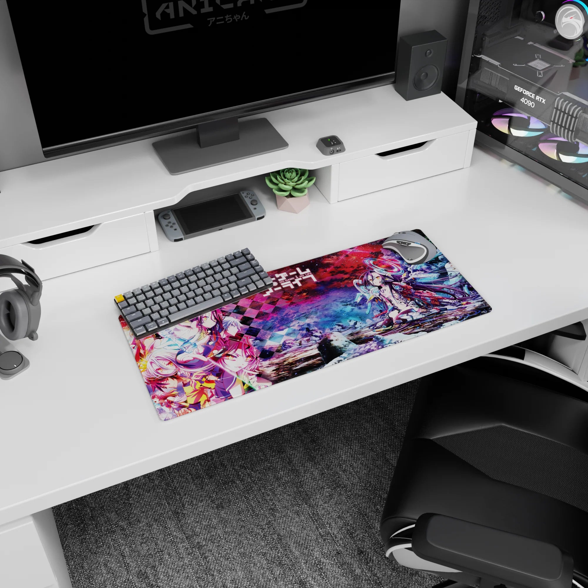 Shiro and Sora scene anime mouse pad 28x12 inches with tech armor details and glowing rings.