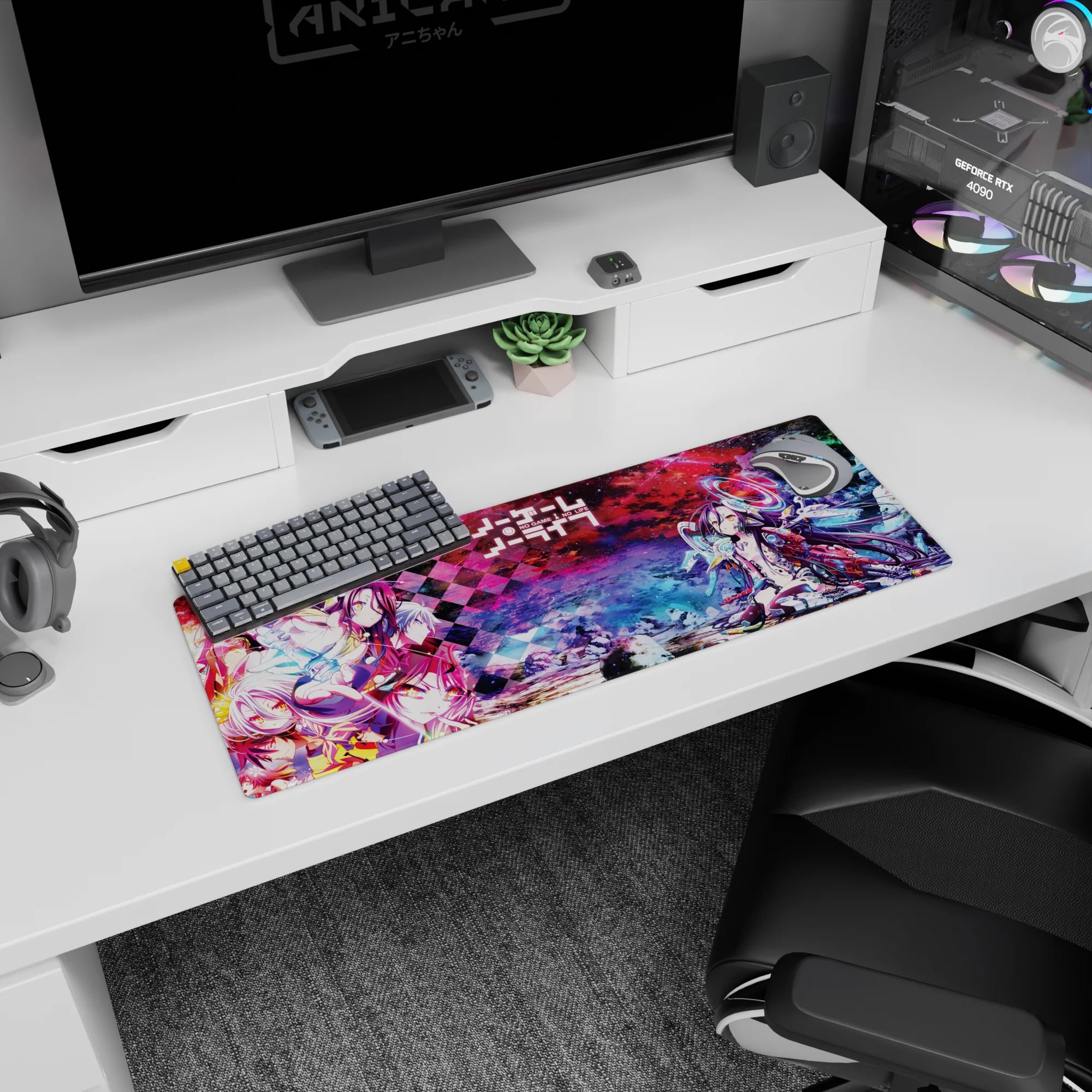Shiro and Sora duo scene on anime mouse pad 32x12 inches, calm intensity with tech armor details.