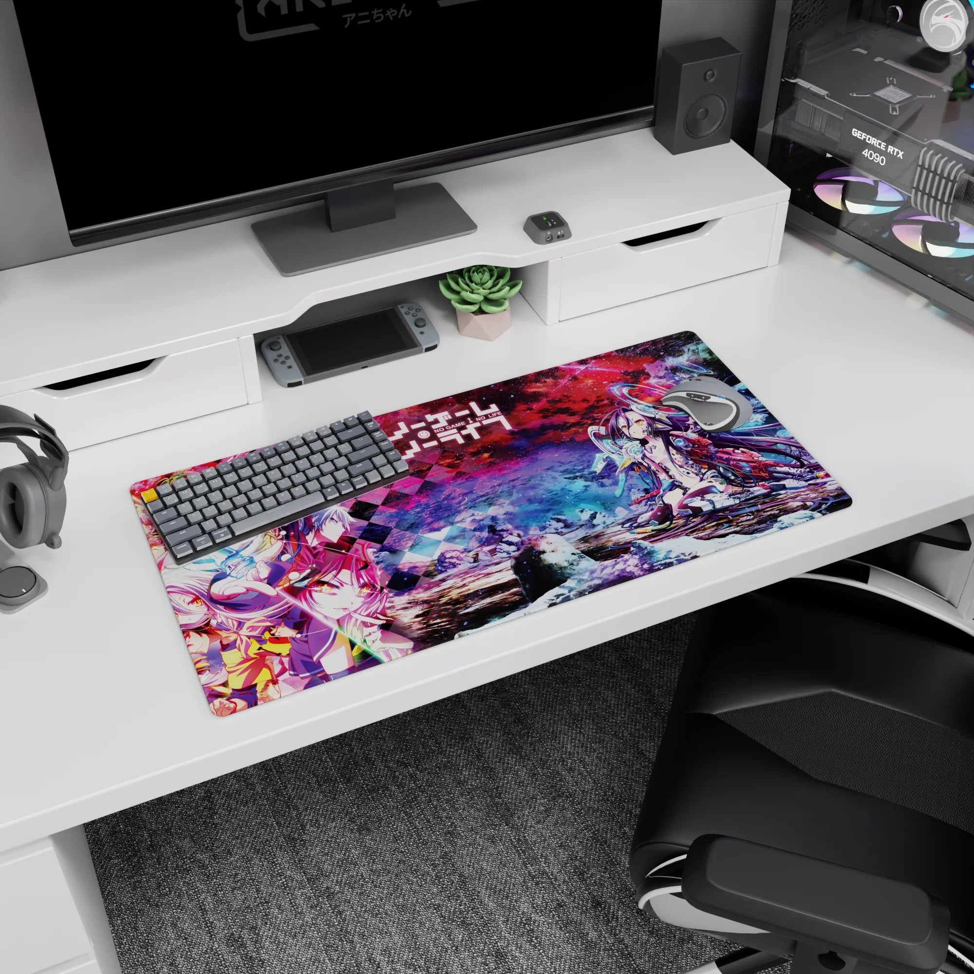 32x16 inches No Game No Life mouse pad featuring Shiro and Sora in a sharp neon scene with glowing rings.