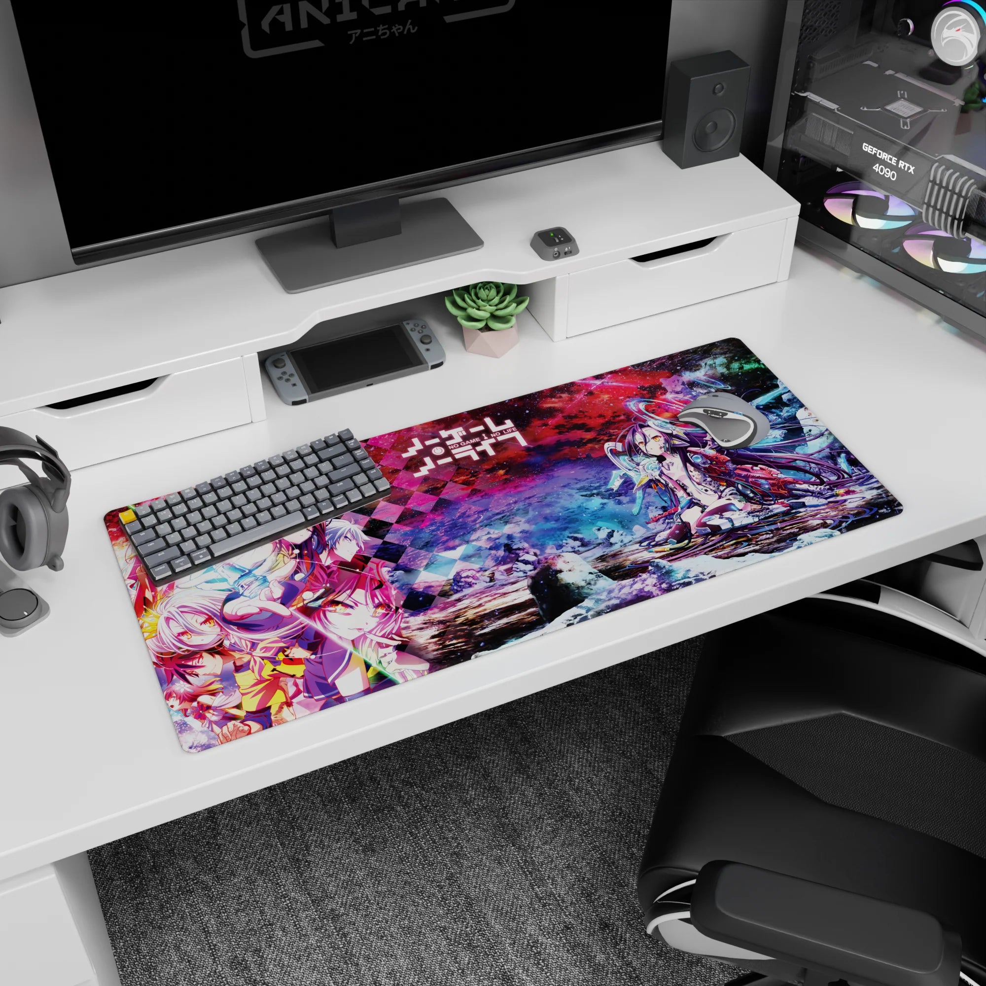 Shiro and Sora scene anime desk pad 36x16 inches with glowing rings and sharp geometric backdrop.