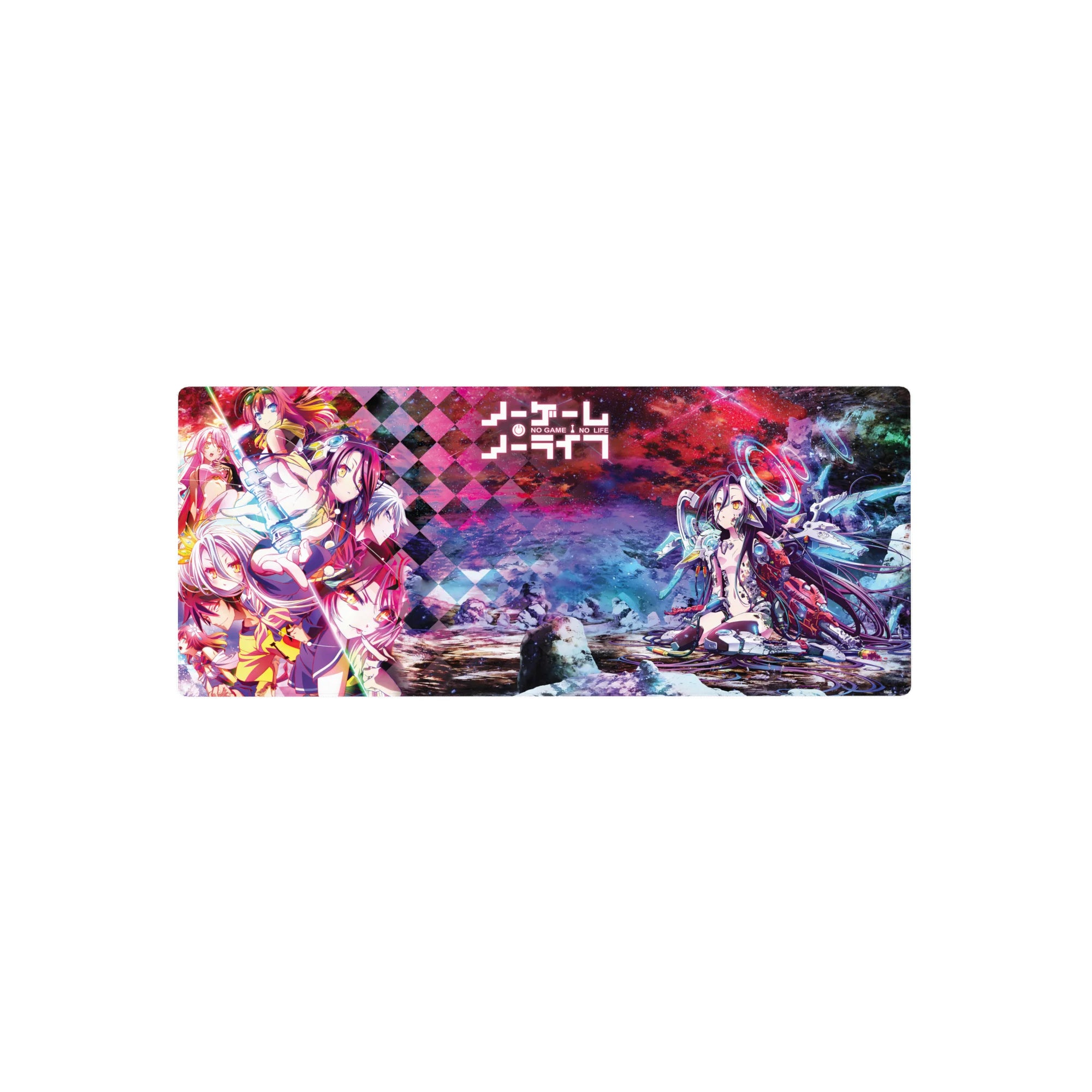 No Game No Life anime mouse pad 28x12 inches with magenta clouds, icy blues, and diamond pattern.