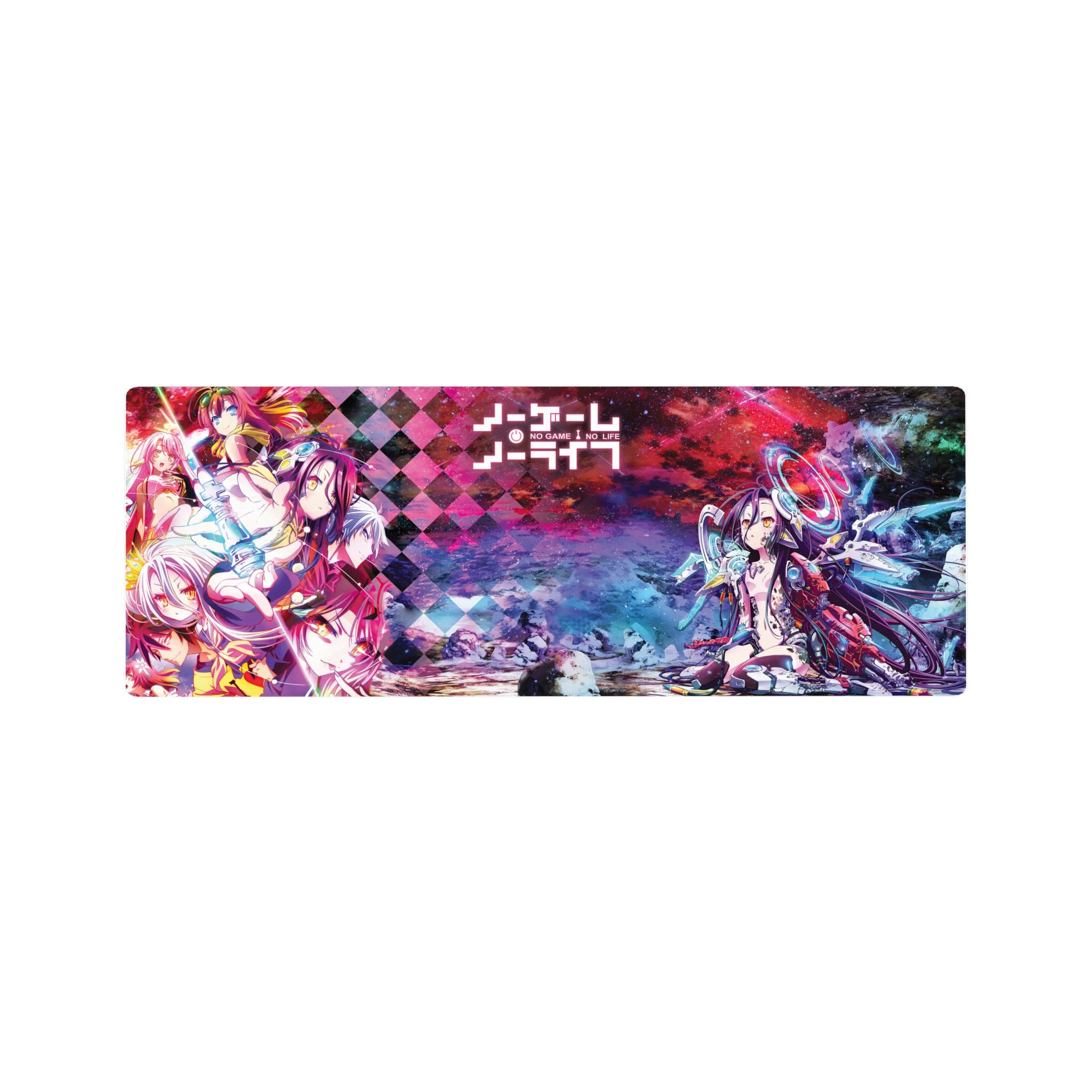 No Game No Life anime mouse pad 32x12 inches with Shiro and Sora, diamond pattern, holographic rings.