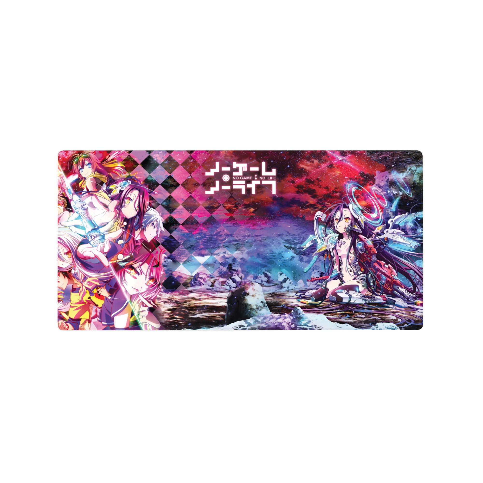32x16 inches No Game No Life anime mouse pad with diamond pattern, tech armor accents, and glowing rings.