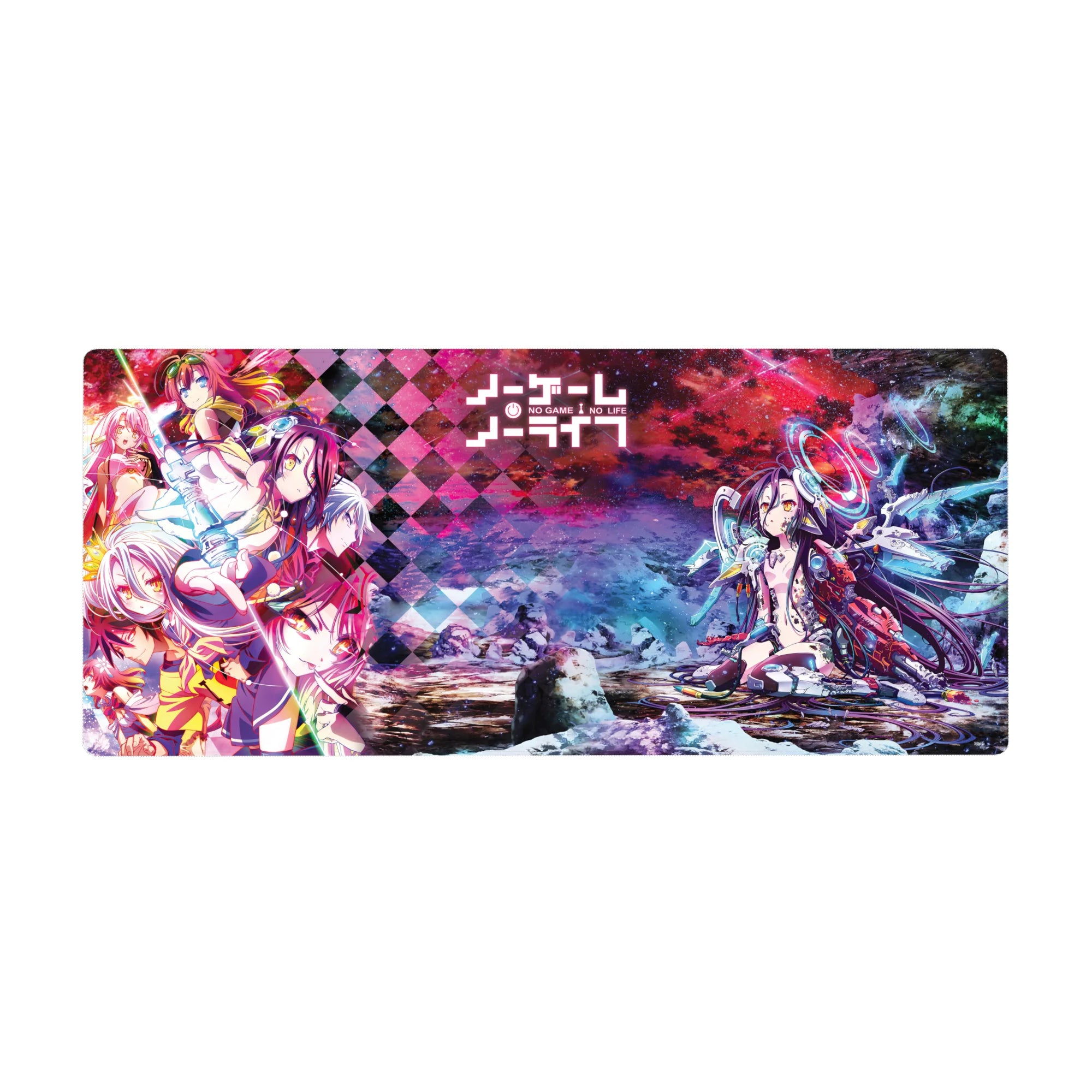 No Game No Life anime desk pad 36x16 inches with diamond pattern, holographic tech armor, neon scene.
