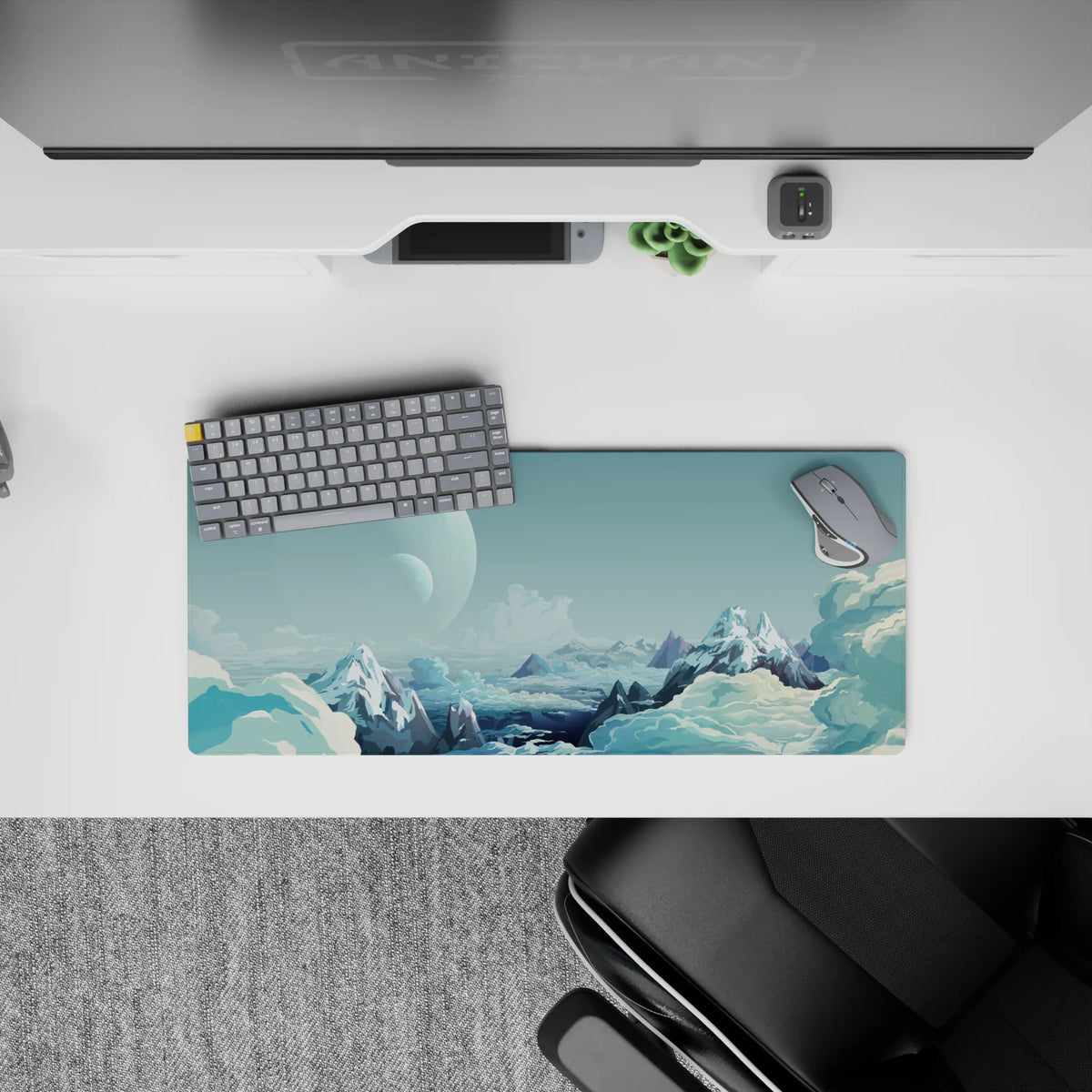 Cool blue and pale teal 28x12 inches mouse pad with calming icy mist and soft layered tones.