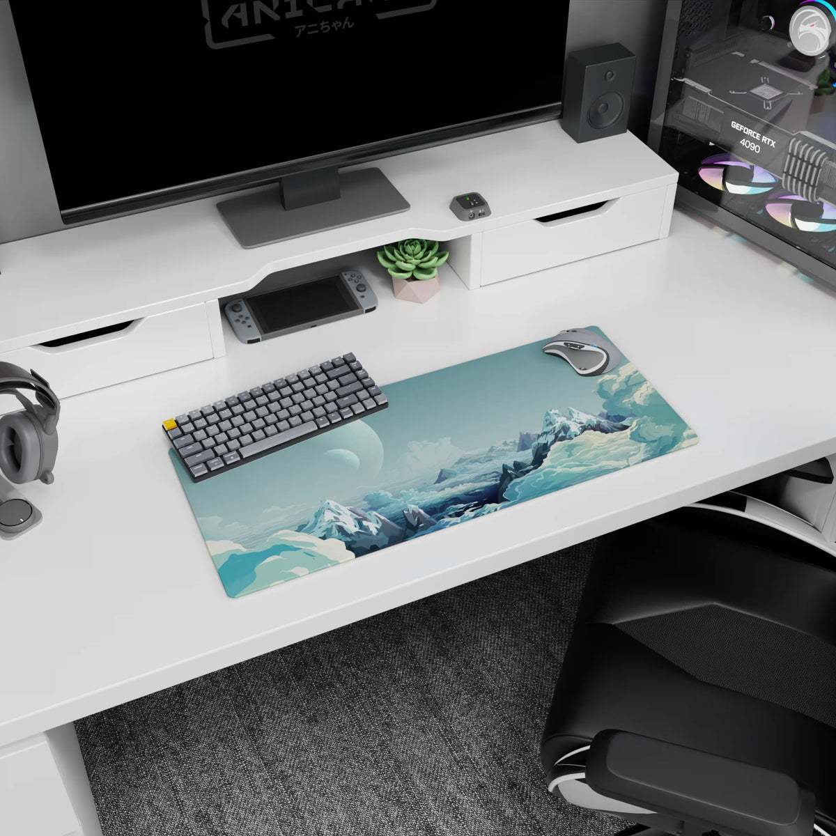 Twin moons over icy peaks in cloud mist on a 28x12 inches extended desk mouse pad.
