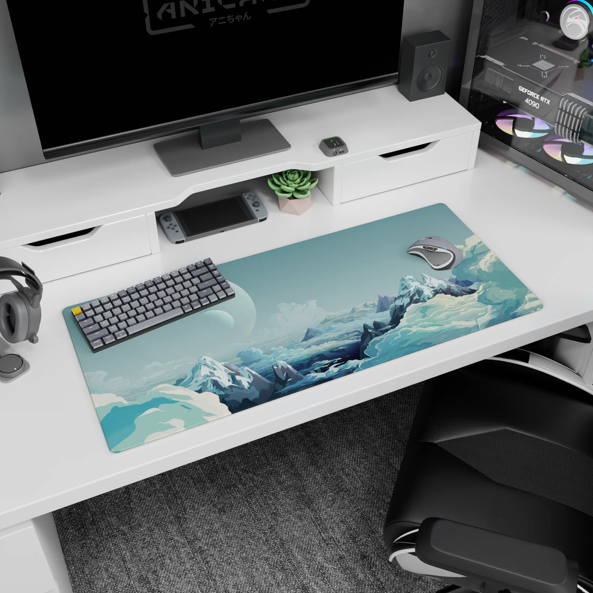 Twin moons over icy peaks desk pad 36x16 inches with soft mist layers and cloud-top mountain scenery.