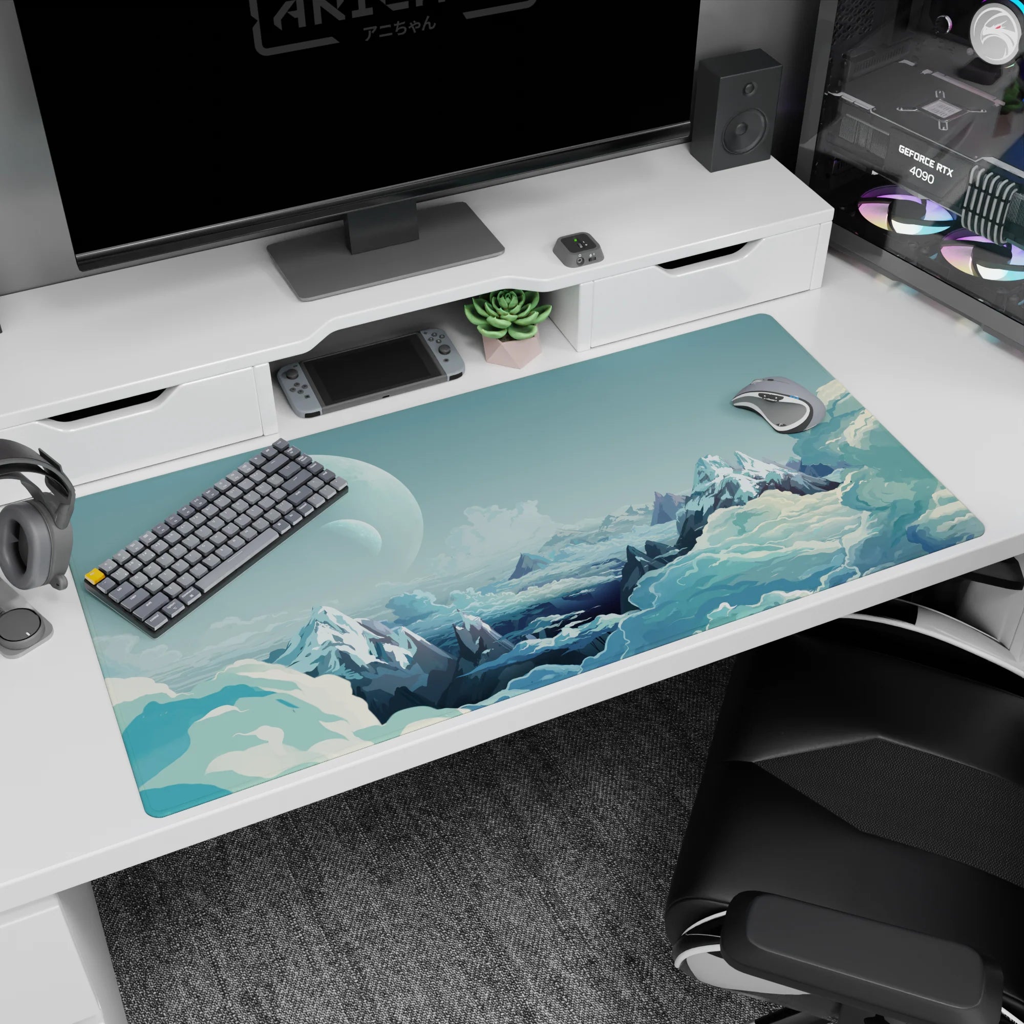 Twin moons over misty mountain peaks desk pad 40x20 inches with smooth glide surface for work.