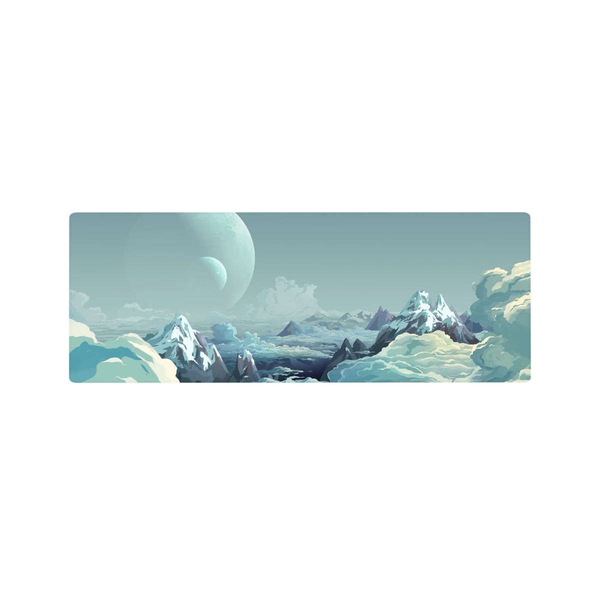 Dreamy skyscape mouse pad 32x12 inches with icy peaks, misty clouds, and twin moons.