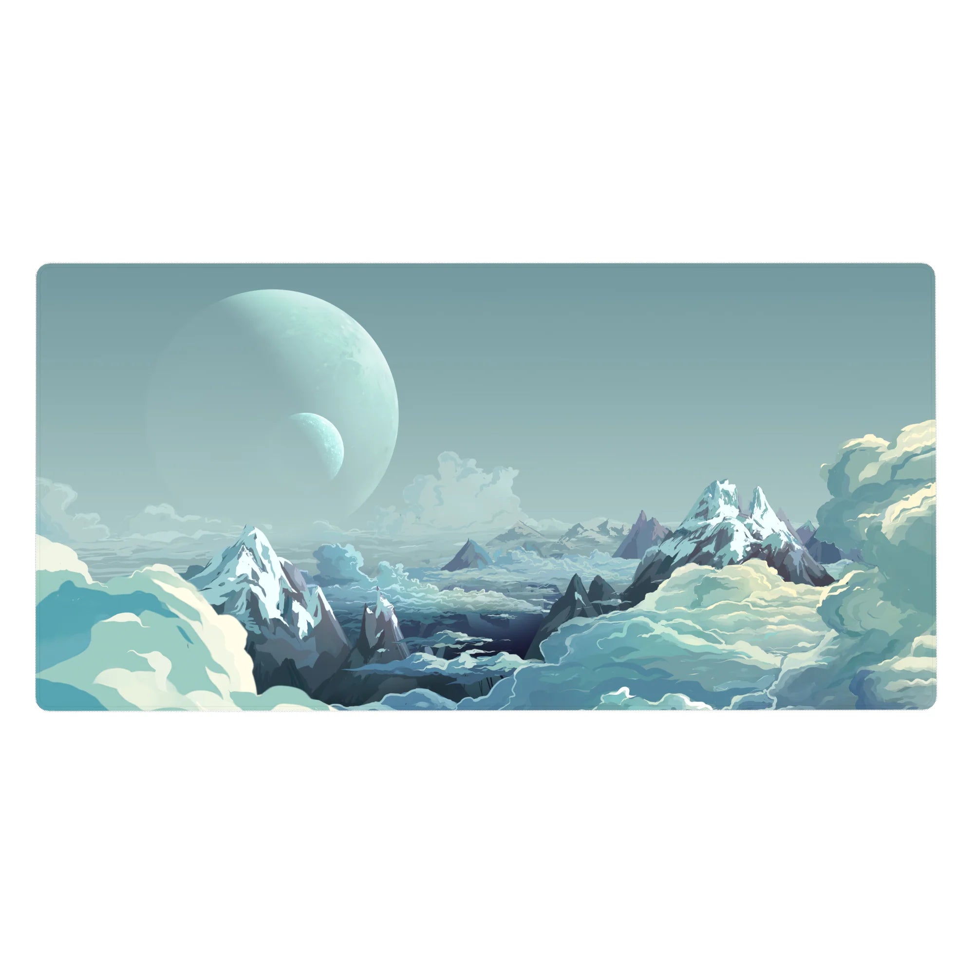 Dreamy skyscape desk pad 40x20 inches with misty icy peaks and twin moons for desk protection.