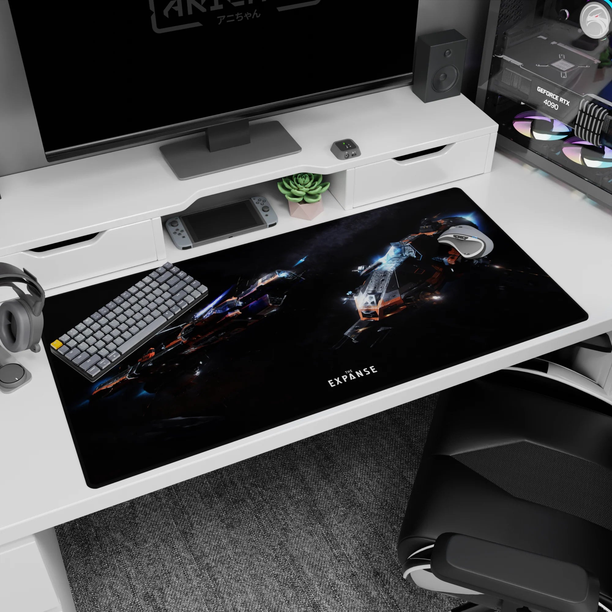 Two futuristic ships flying through a speckled star haze desk pad, 40x20 inches.