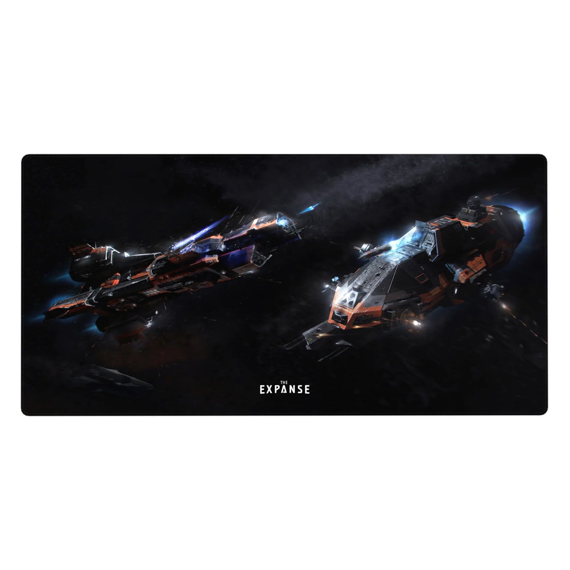 Smoky black starfield desk pad with two sleek spaceships, 40x20 inches.