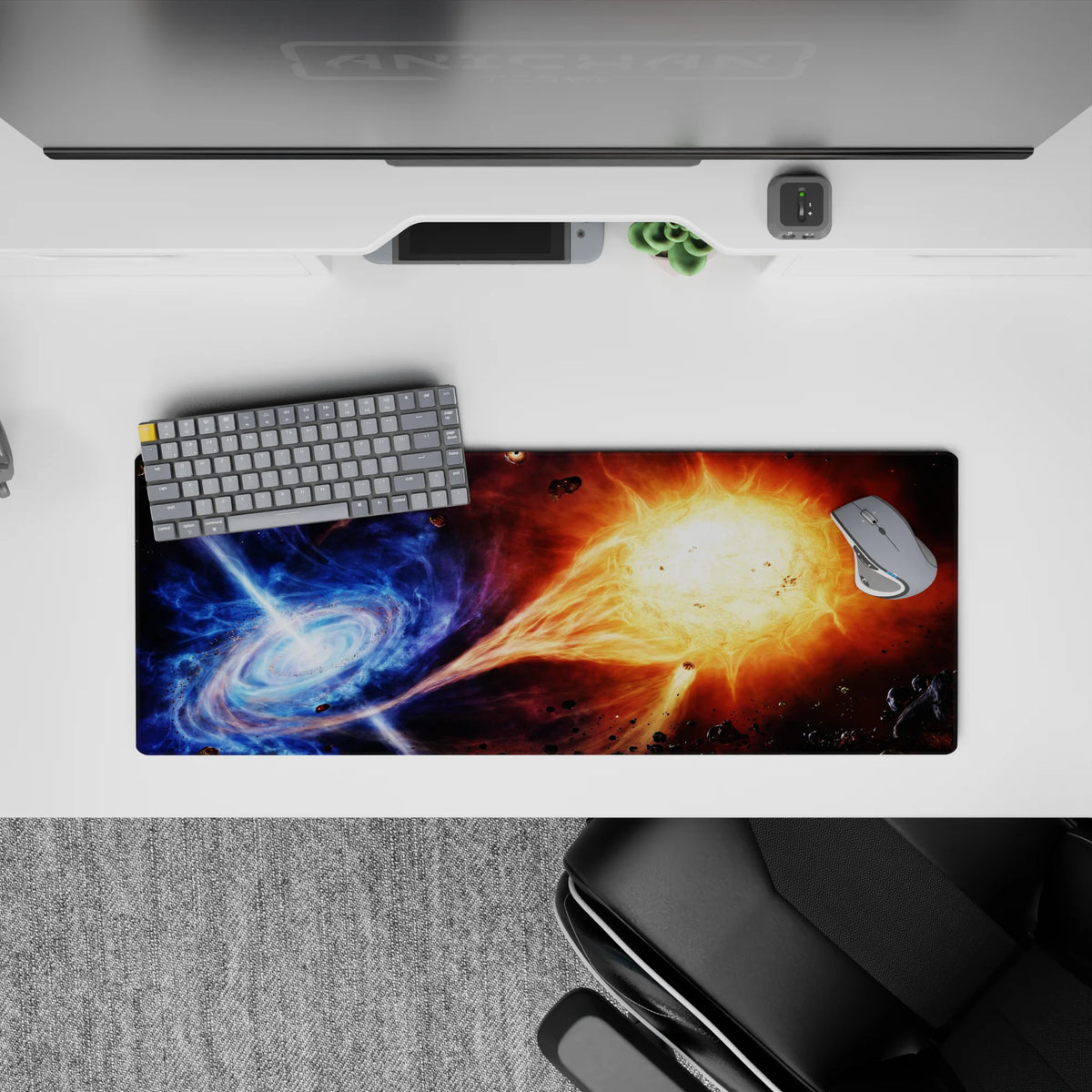 Icy blue nebula meets blazing orange sunrise mood on extended desk mouse pad, 32x12 inches.