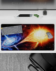 Icy blue nebula meets blazing orange sunrise mood mouse pad, 32x16 inches.