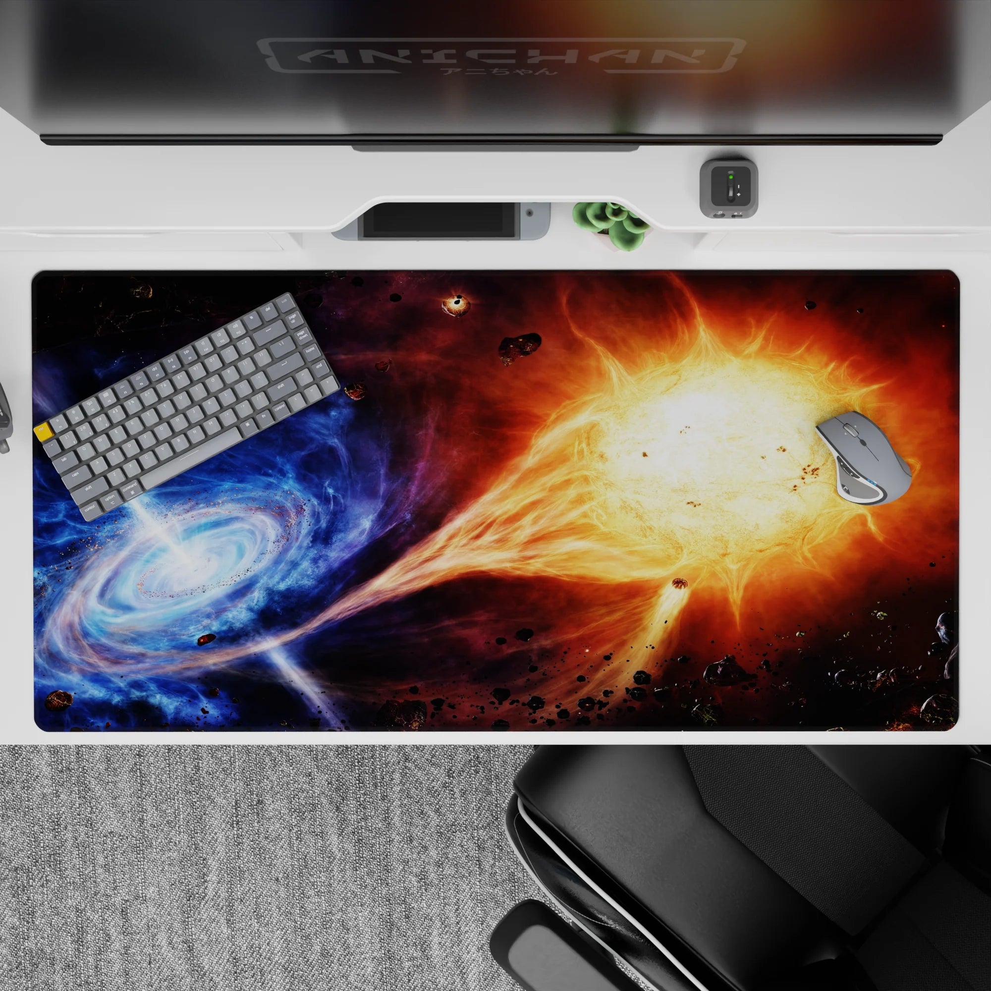 Icy blue nebula meets blazing orange sunrise desk pad 40x20 inches, calm yet fiery mood with glowing swirl.