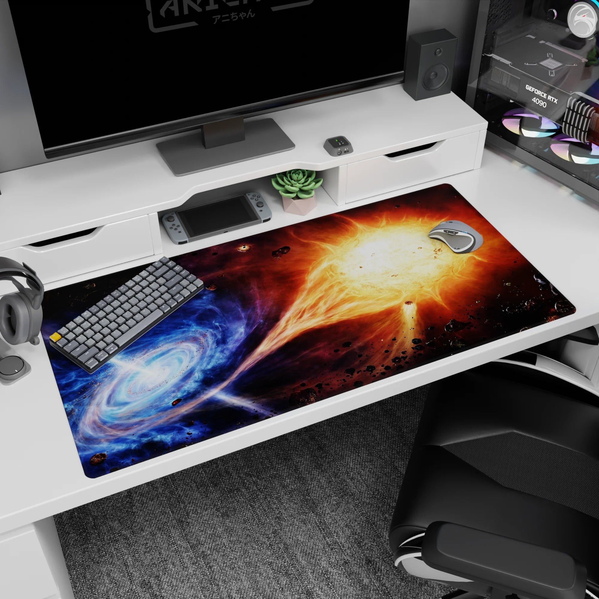 Starburst collision scene desk pad 40x20 inches with drifting space rocks across a dark cosmic background.