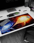 Starburst collision scene desk pad 40x20 inches with drifting space rocks across a dark cosmic background.