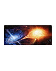 Cosmic clash galaxy desk mouse pad, 28x12 inches, with nebula swirl and starburst split design.