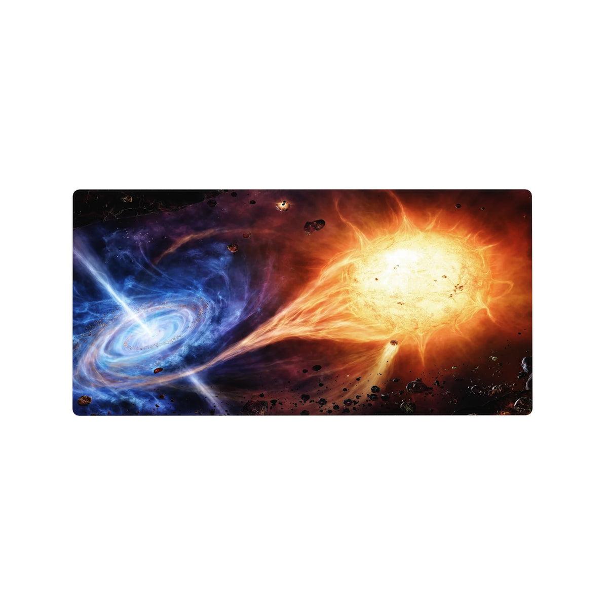 Cosmic clash galaxy and starburst desk mouse pad, 32x16 inches.