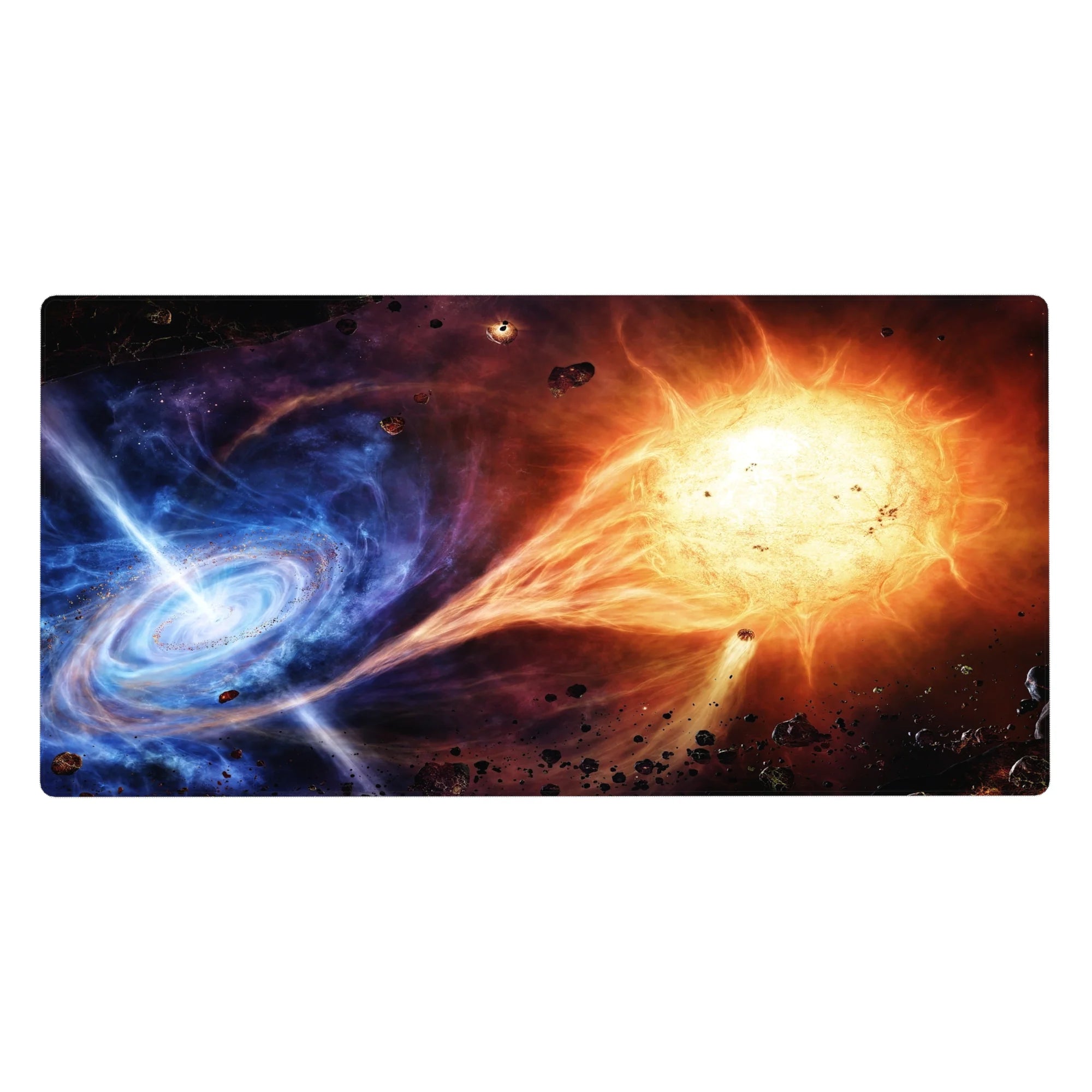 Cosmic galaxy clash desk pad 40x20 inches with nebula gradients, starburst center, and space rock specks.