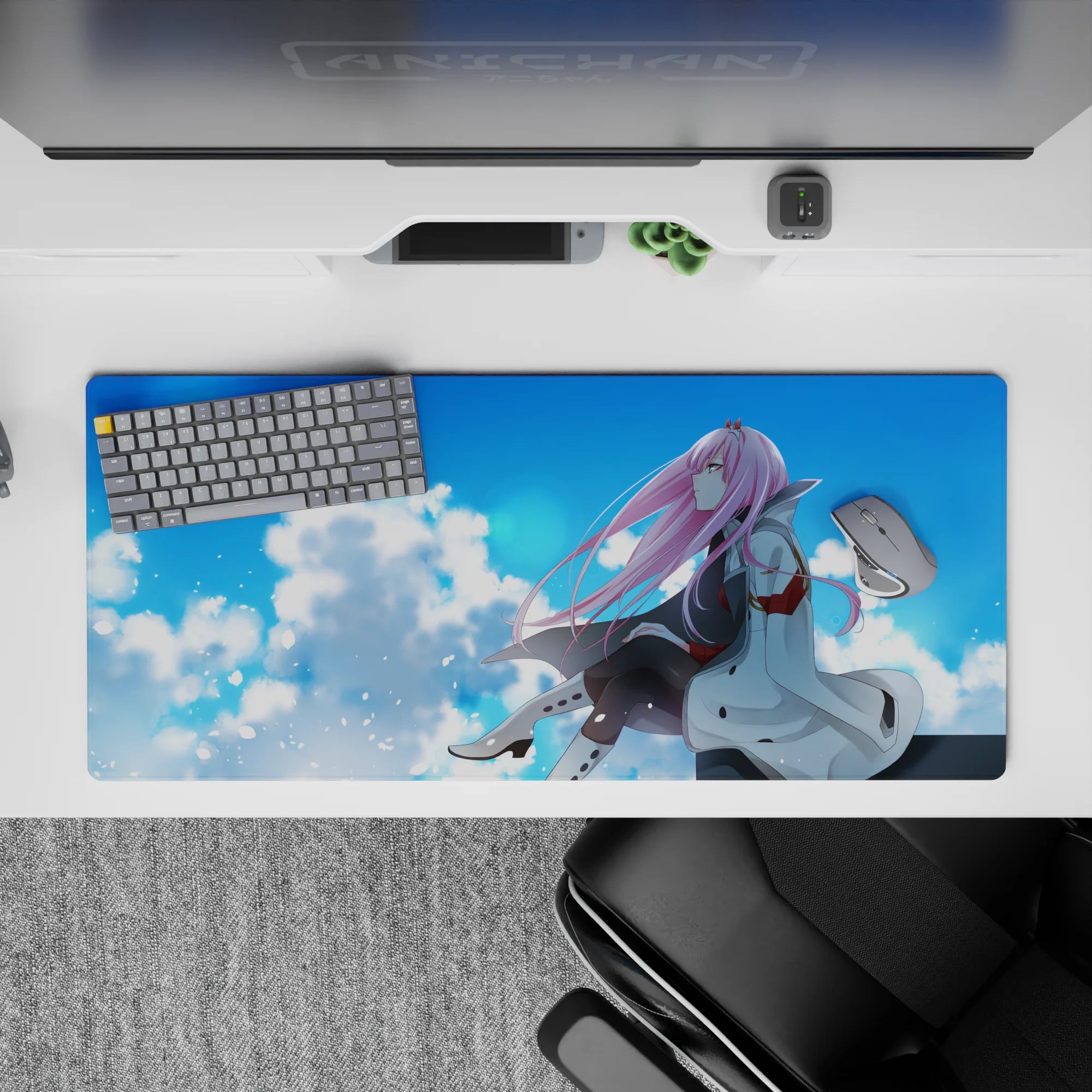 Striking yet calming 36x16 desk pad highlights Zero Two's introspective gaze with soft, vivid details