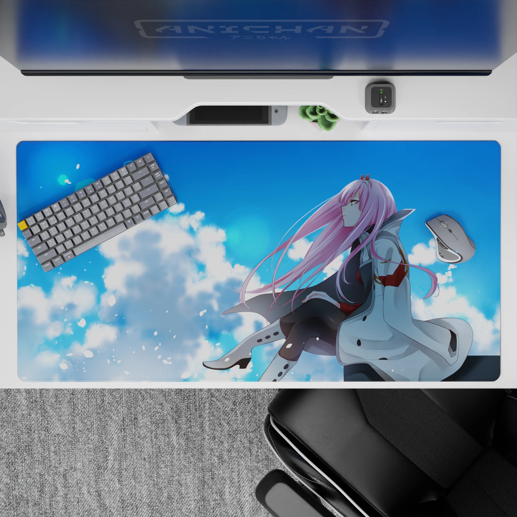 Peaceful 40x20 desk pad showcases Zero Two gazing into the open sky for fans of calm and introspective moments