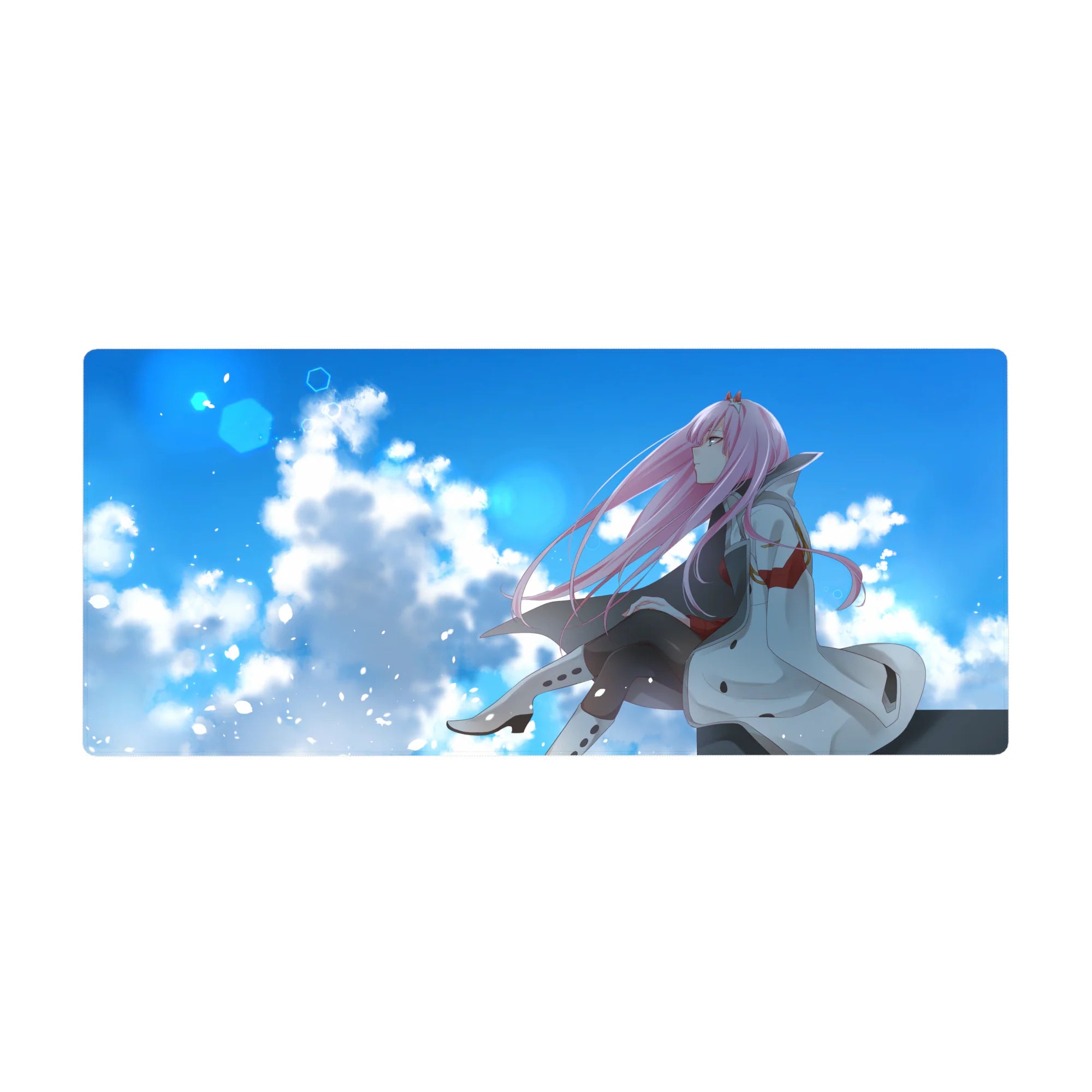 Zero Two mouse pad 36x16 with open sky and petals for immersive anime-inspired decor and relaxation