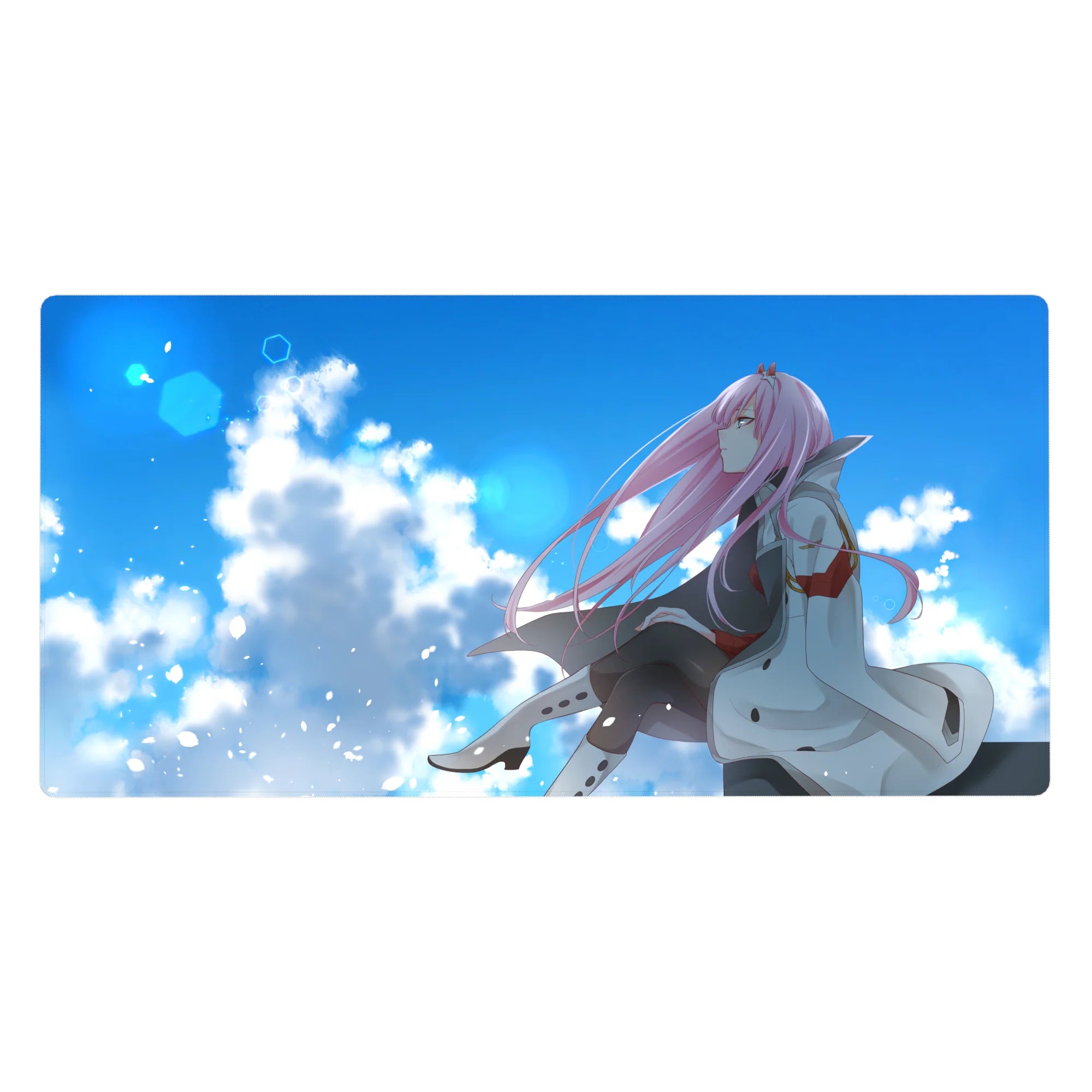 Zero Two mouse pad 40x20 featuring serene sky and floating petals for tranquil Darling in the Franxx style