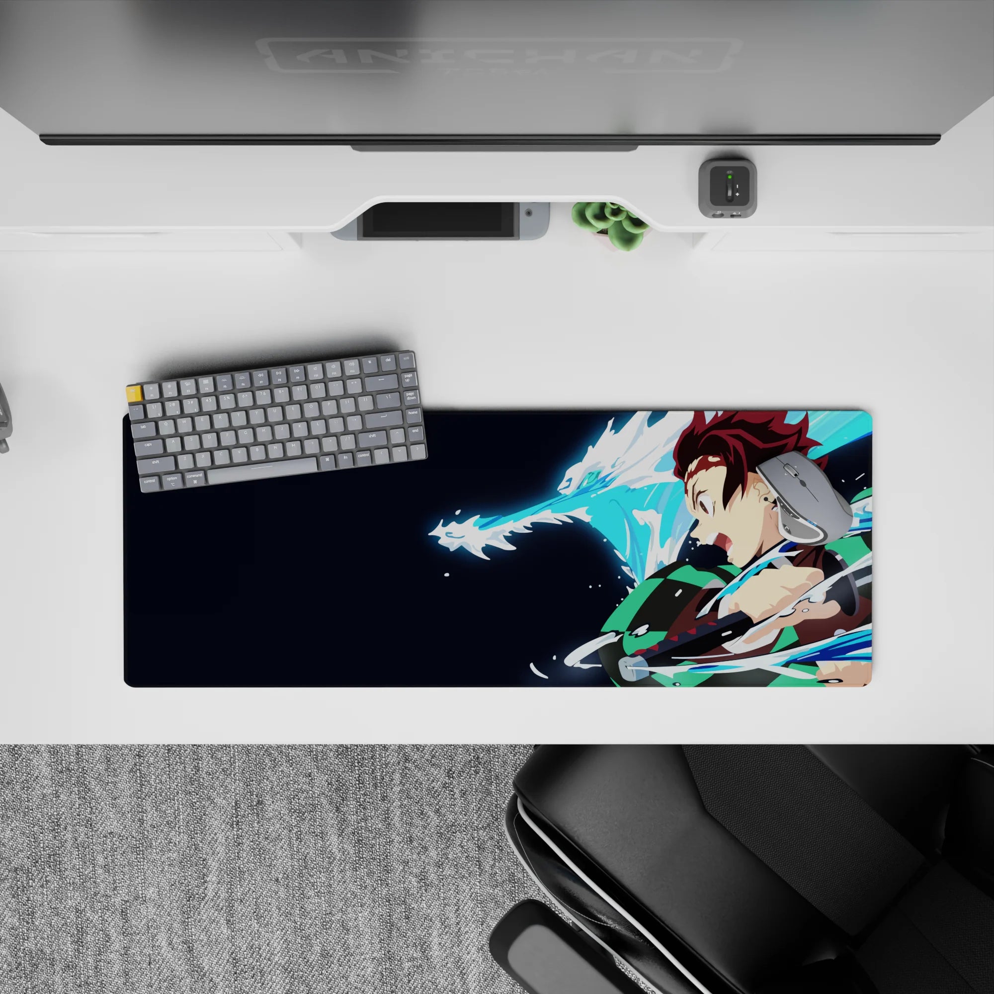 Anime mouse pad 32x12 inches featuring Tanjiro from Demon Slayer with water dragon, dynamic design with navy and turquoise.