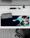 Anime mouse pad 32x12 inches featuring Tanjiro from Demon Slayer with water dragon, dynamic design with navy and turquoise.