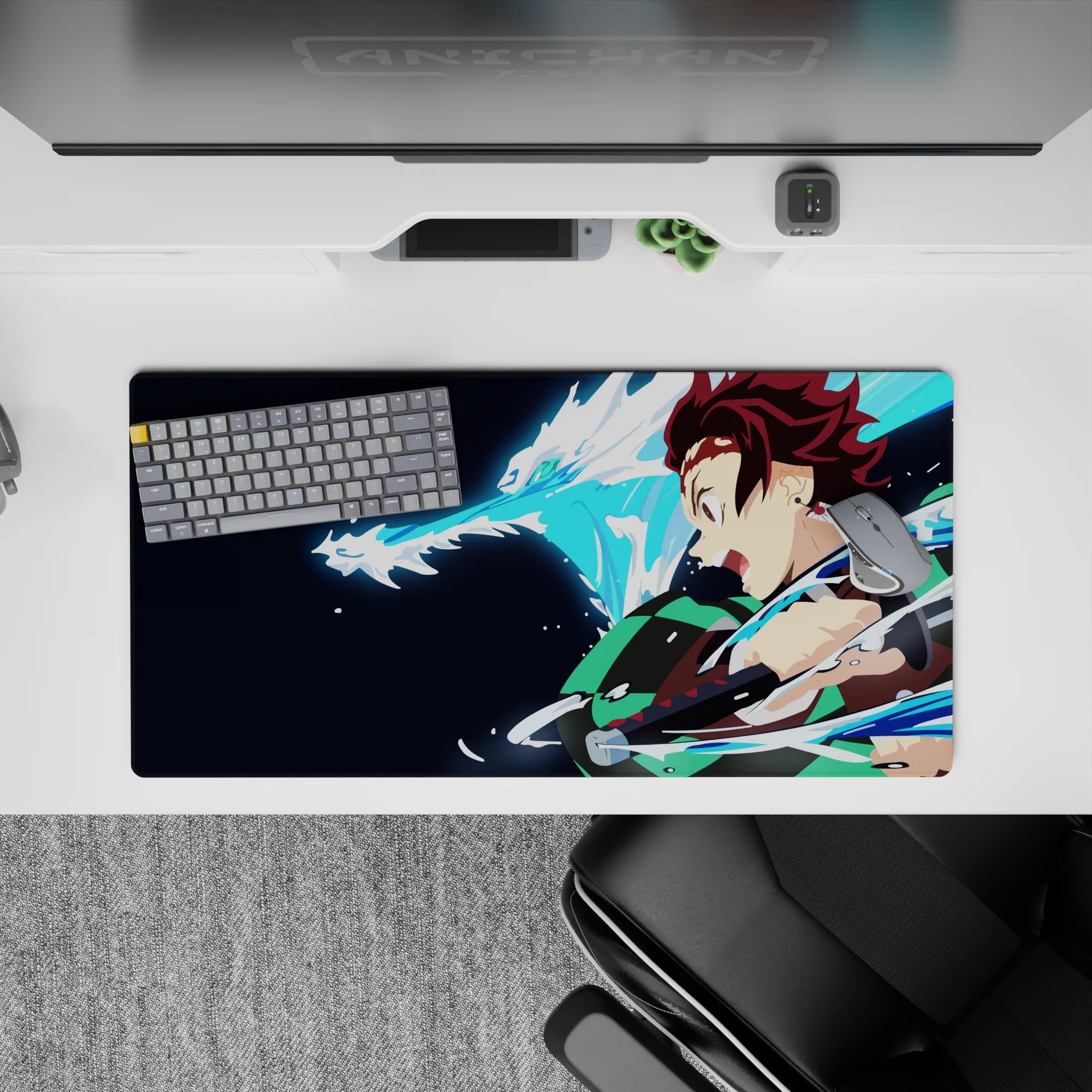 Demon Slayer anime mouse pad 32x16 inches featuring Tanjiro with water dragon, bold colors, dynamic energy, and focus.