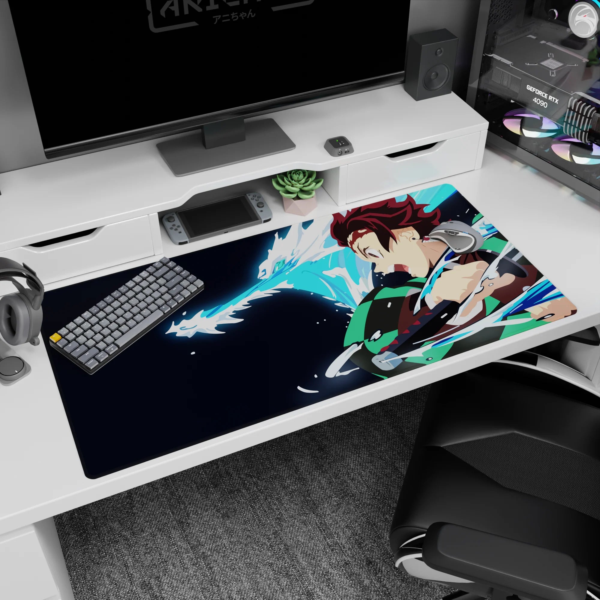 Tanjiro from Demon Slayer on 40x20 inch anime desk pad, featuring vibrant water dragon, checkered haori, and dynamic energy.