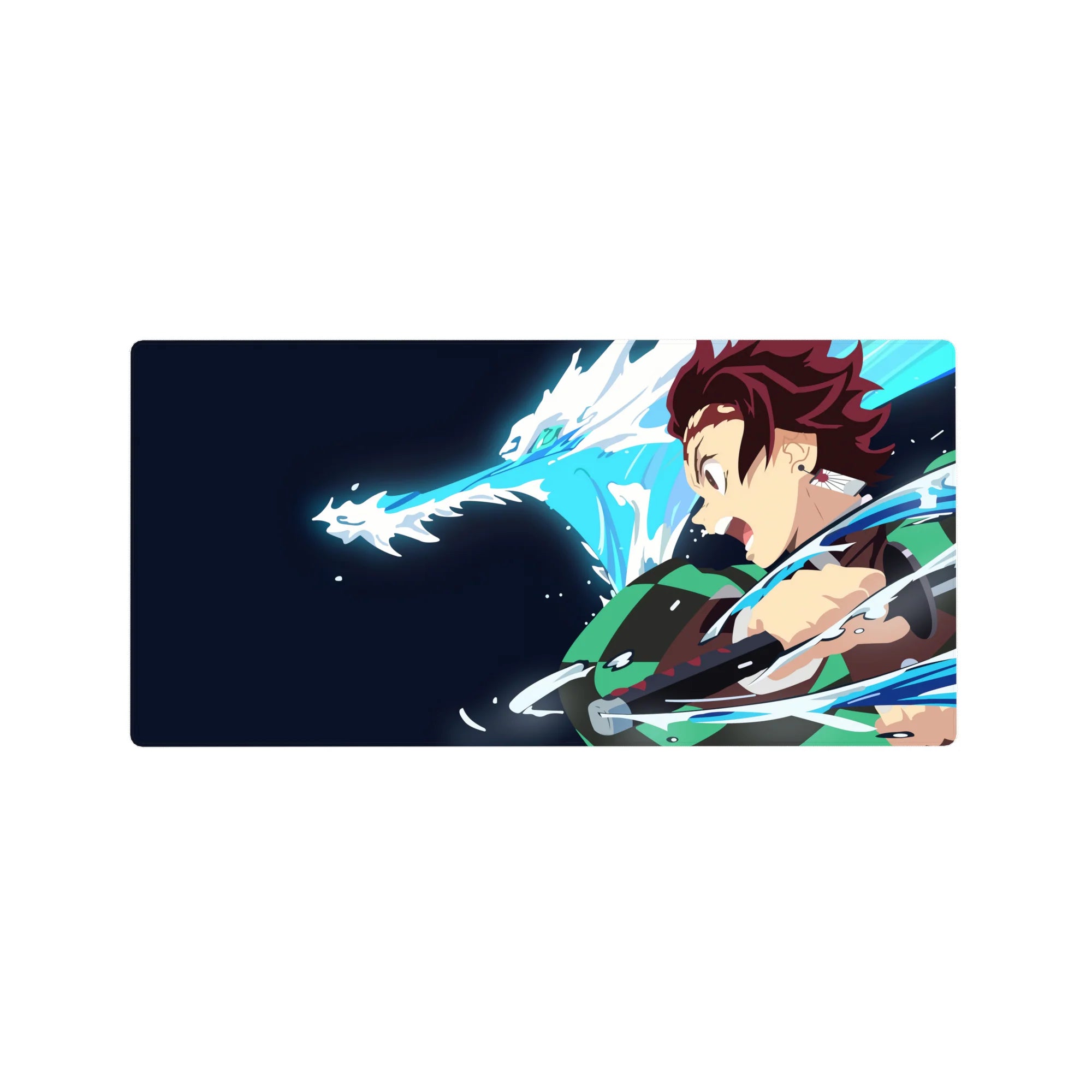 Tanjiro from Demon Slayer anime mouse pad, 32x16 inches, features a dynamic water dragon design with a navy backdrop.