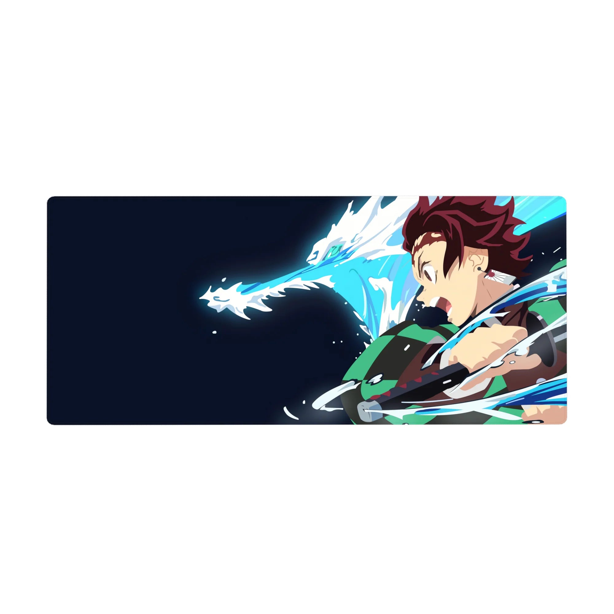 Tanjiro from Demon Slayer on 36x16 inch desk pad, unleashing water dragon with vibrant colors and bold contrast.