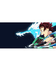 Tanjiro from Demon Slayer on 36x16 inch desk pad, unleashing water dragon with vibrant colors and bold contrast.