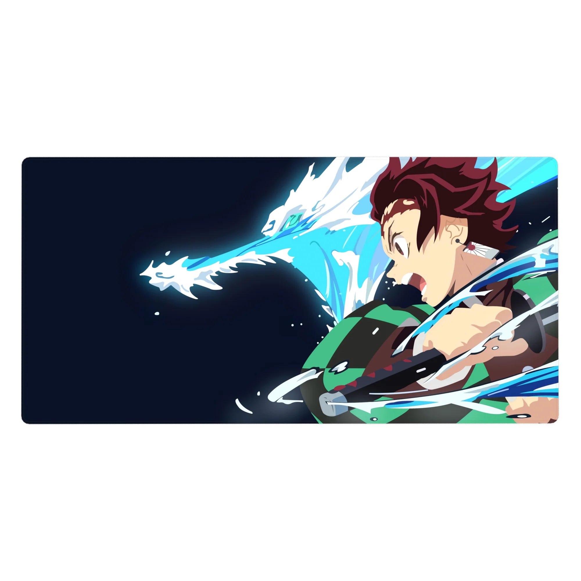 Tanjiro from Demon Slayer on a 40x20 inch desk pad, water dragon unleashed, vibrant colors on navy background.