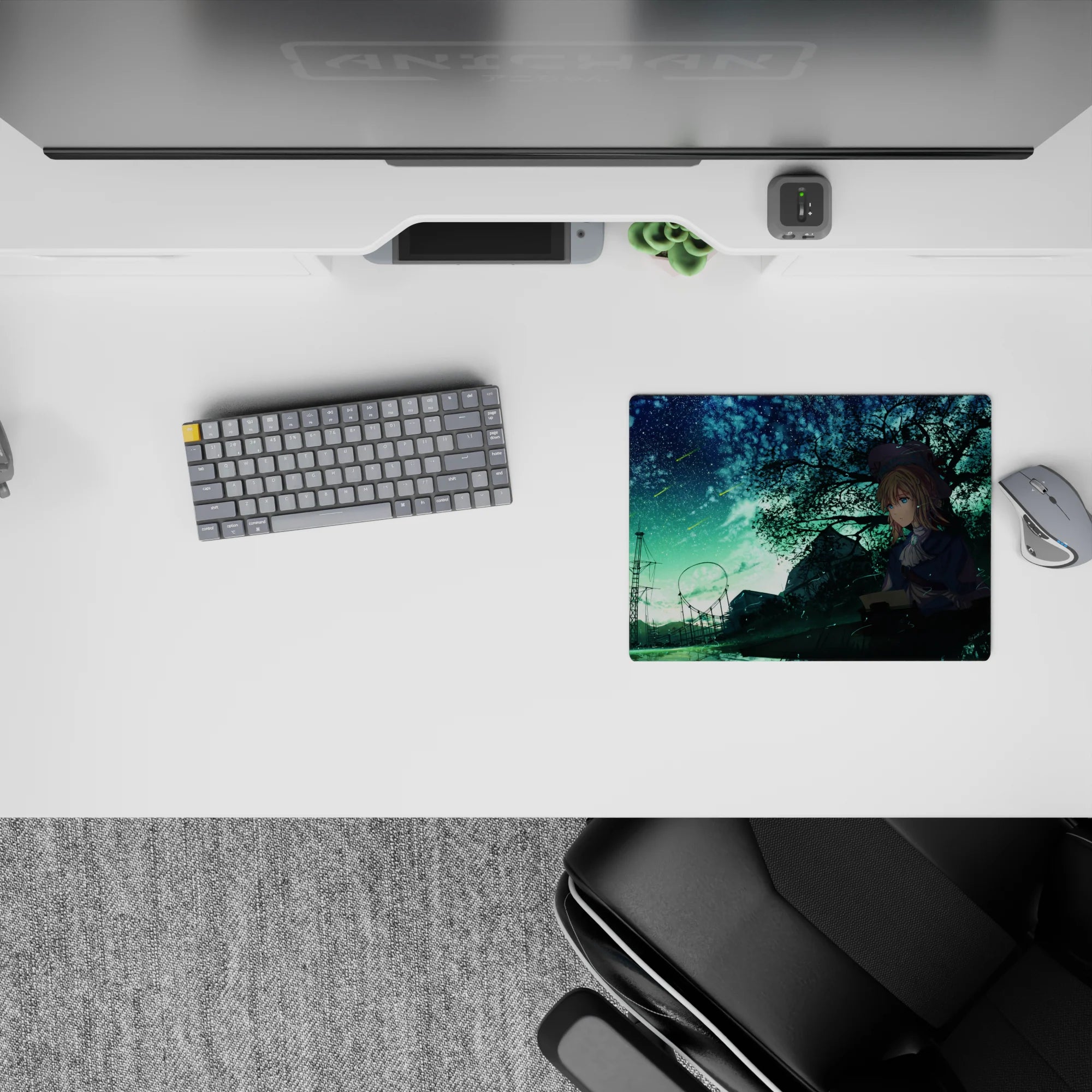 Teal and midnight-blue 14x10 inches anime mouse pad, cozy lonely mood with bright meteor streaks.