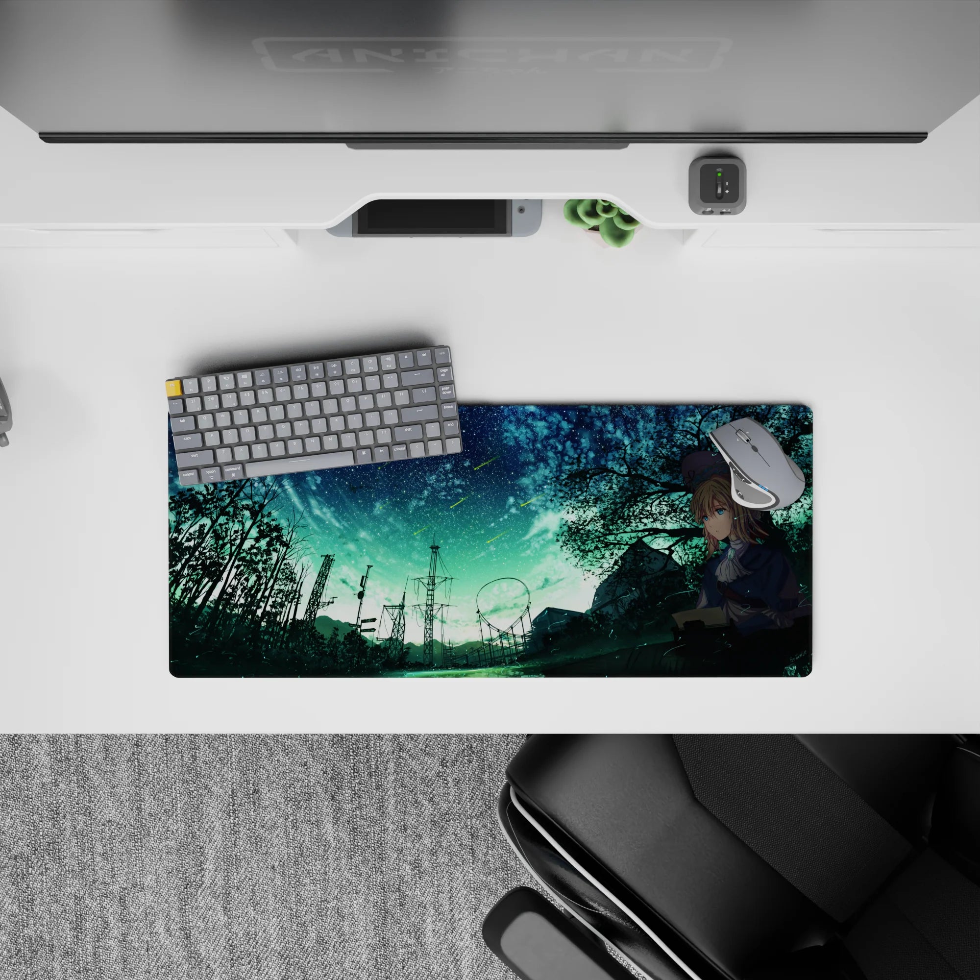 Teal and midnight blue 28x12 inches anime girl mouse pad, cozy and soothing with bright meteor streaks.