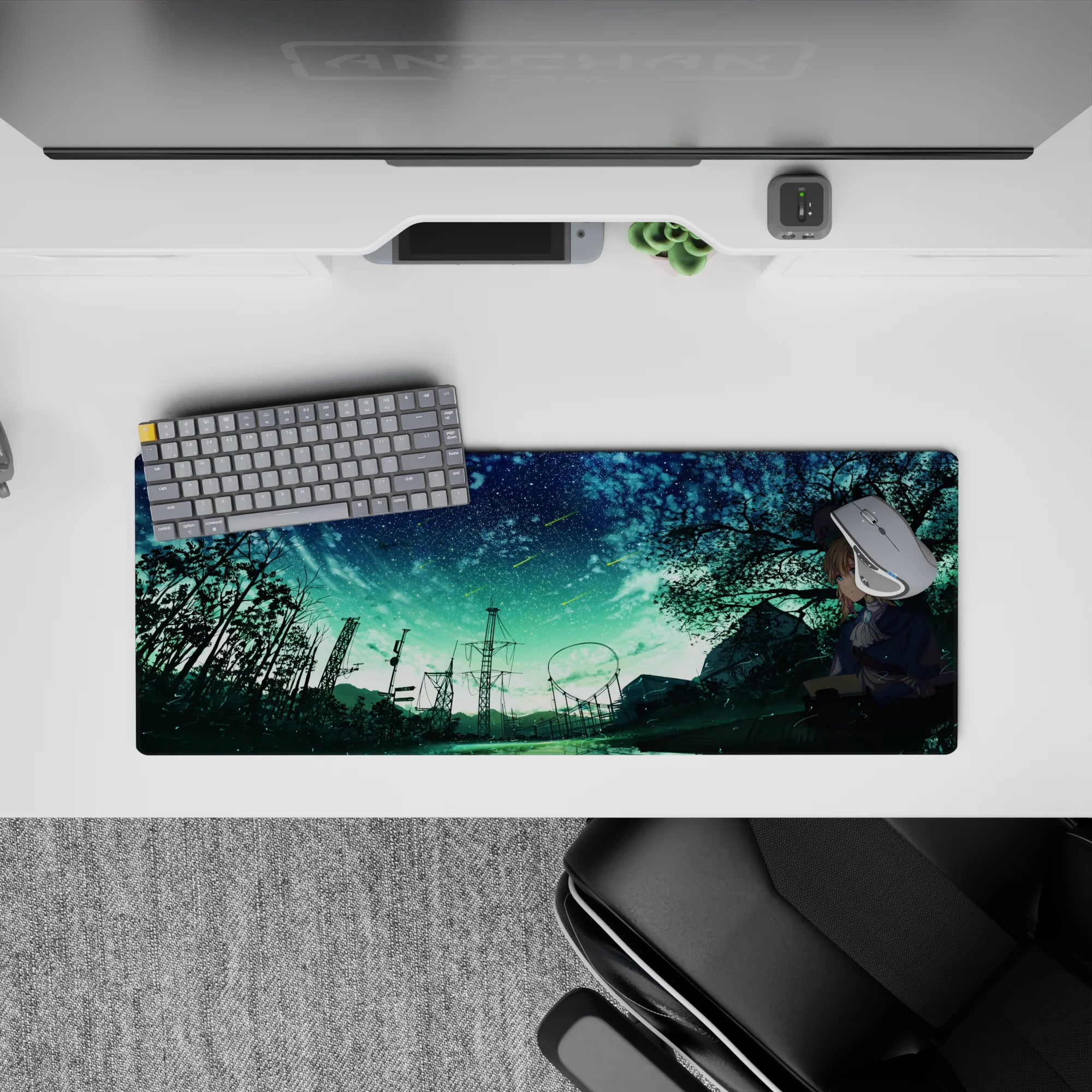 Teal and midnight blue anime girl mouse pad 32x12 inches, cozy lonely mood with bright meteor streaks.