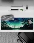 Teal and midnight blue anime girl mouse pad 32x12 inches, cozy lonely mood with bright meteor streaks.