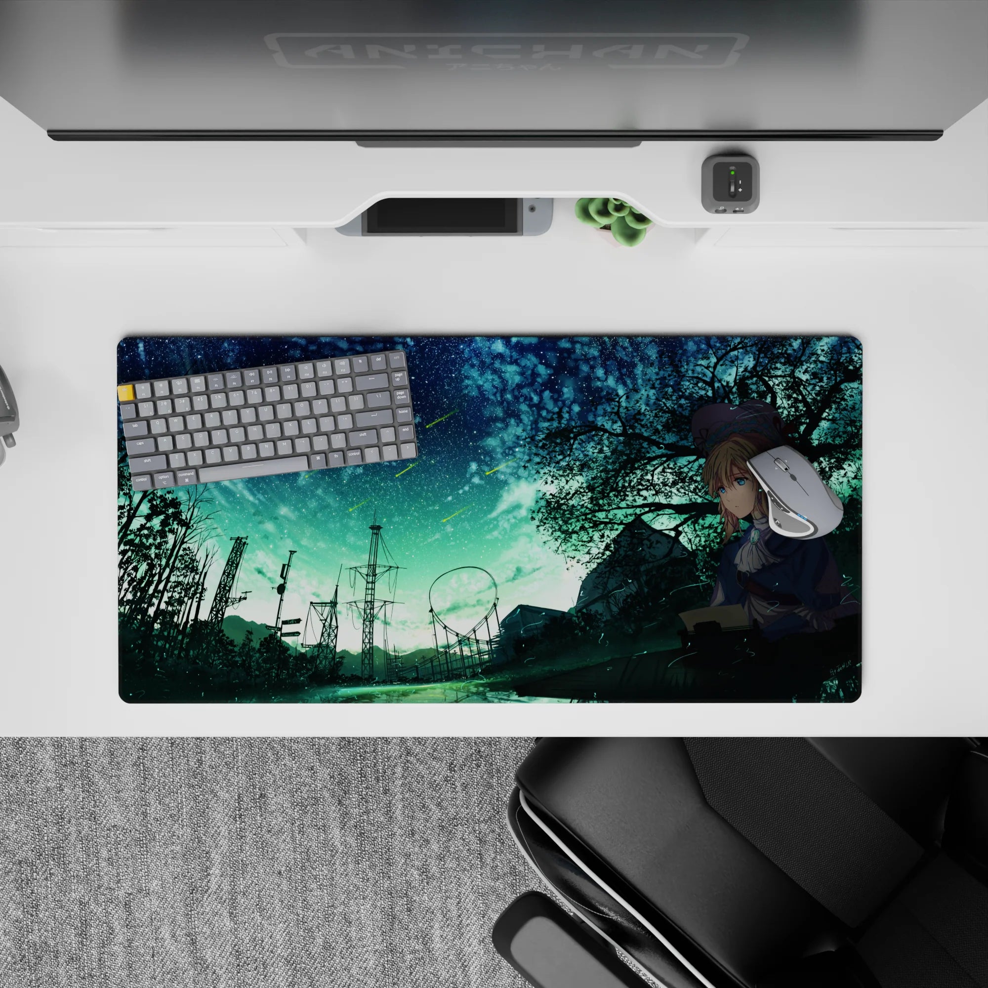 32x16 inches desk mouse pad in teal and midnight blues, cozy lonely mood with bright meteor streaks.