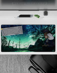 32x16 inches desk mouse pad in teal and midnight blues, cozy lonely mood with bright meteor streaks.