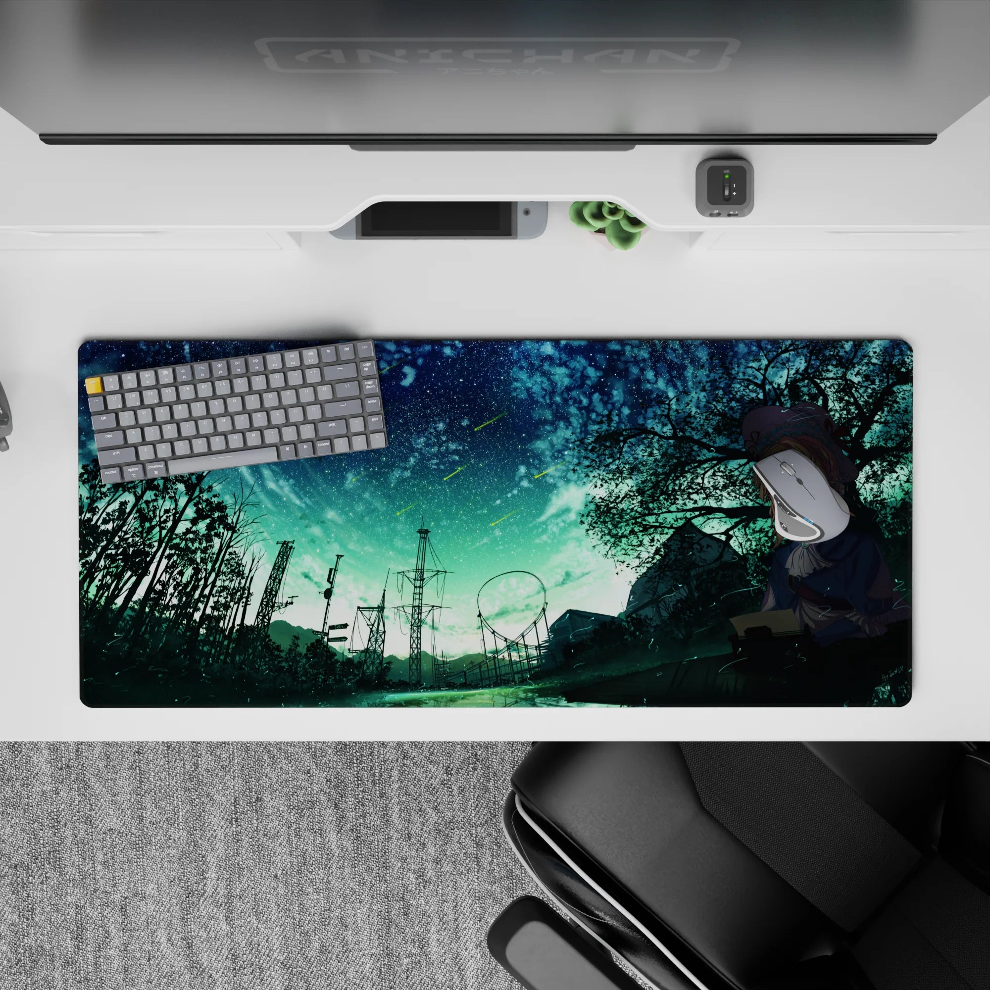 Cozy teal and midnight blue 36x16 inches anime desk pad with bright meteor streaks, calm urban mystery mood.
