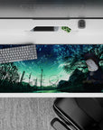 Cozy teal and midnight blue 36x16 inches anime desk pad with bright meteor streaks, calm urban mystery mood.
